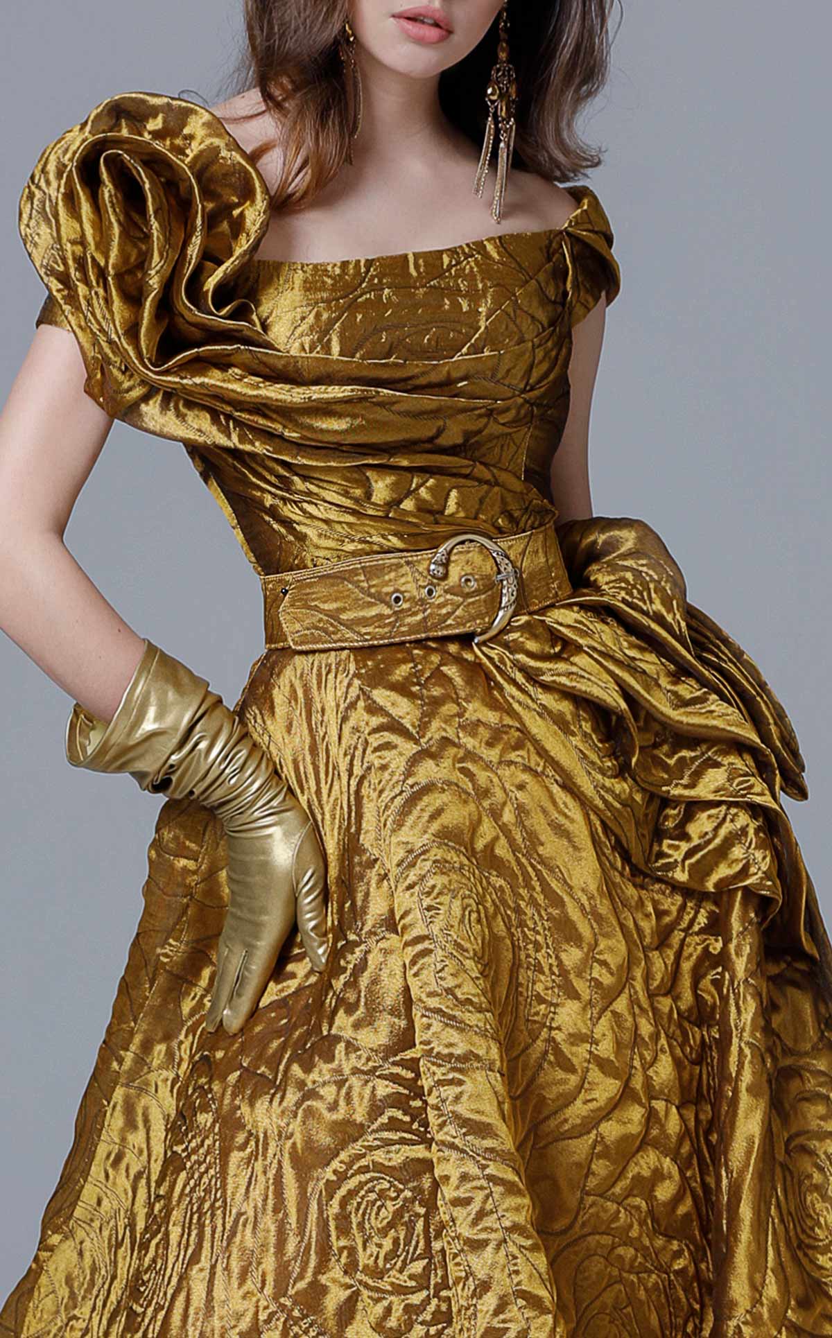 MNM Couture 2699 Mustard Sculpted Sleeve Ball Gown - Image 2