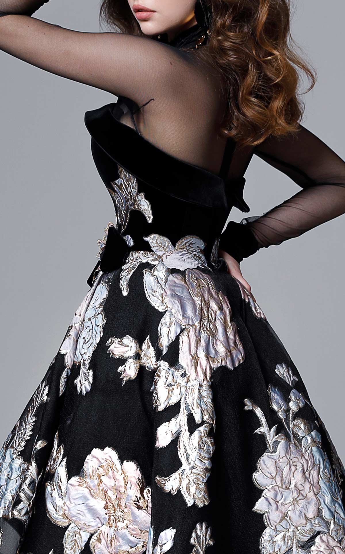 MNM Couture 2715 Sheer Bodice Floral High-Low Gown in Black - Image 4