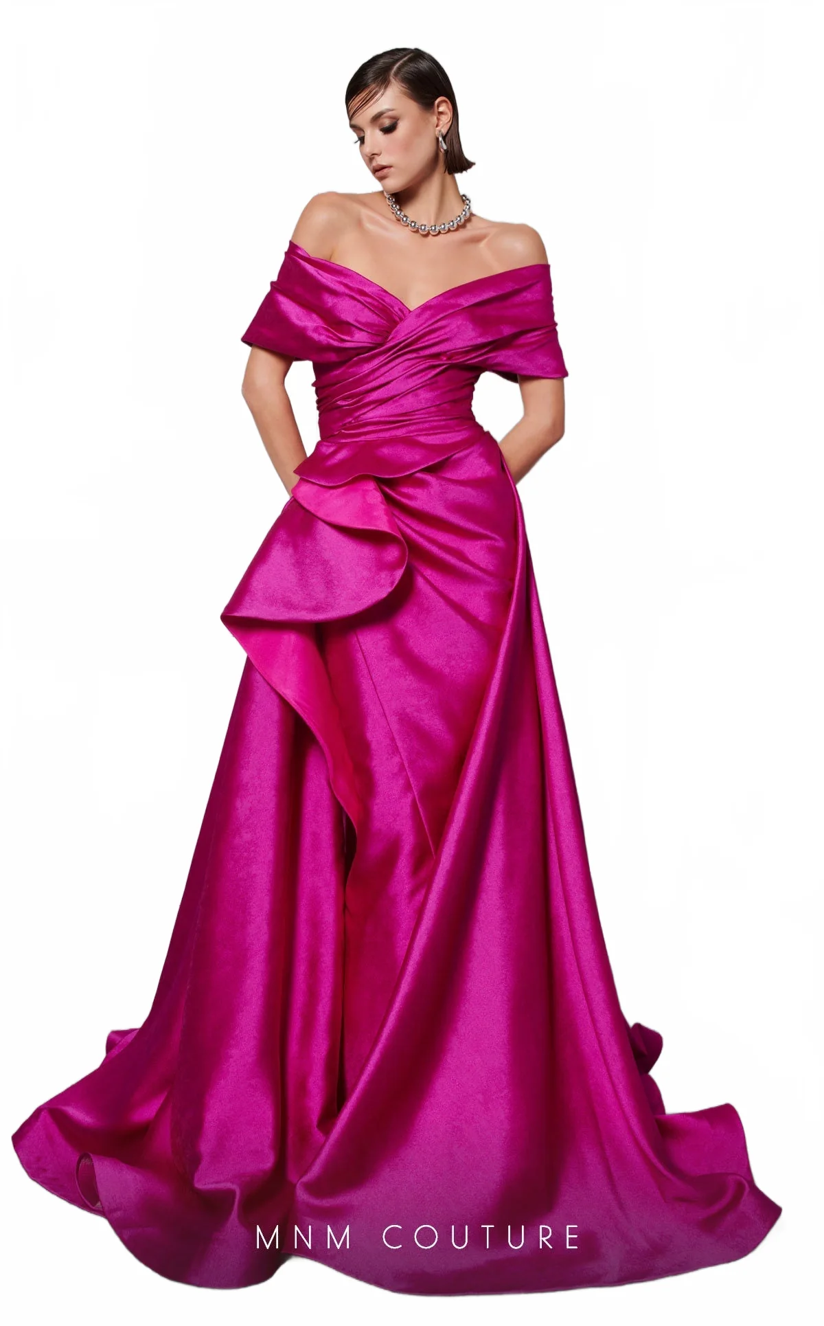 MNM Couture 2747A Mustard Strapless Brocade Gown with Slit and Train - Image 10