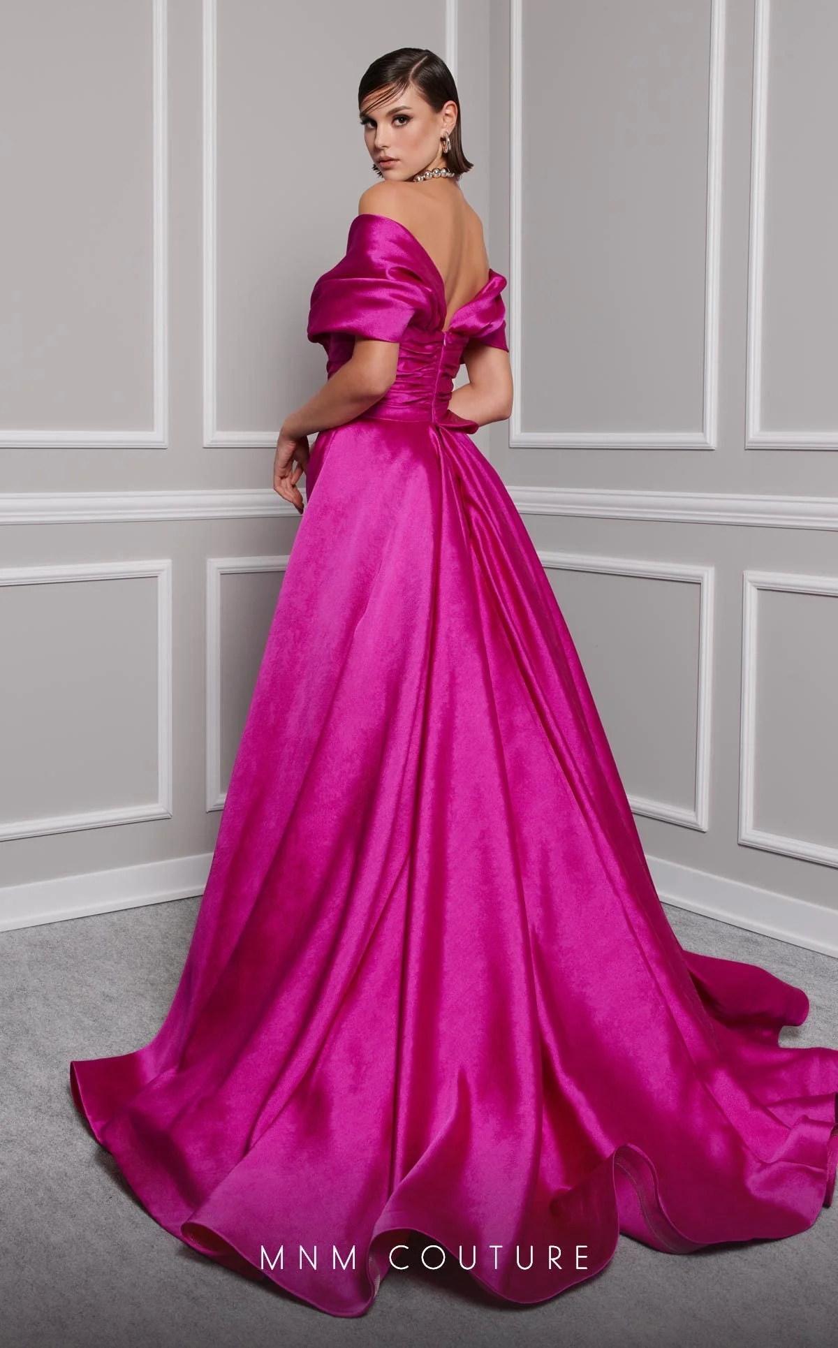 MNM Couture 2747A Mustard Strapless Brocade Gown with Slit and Train - Image 2