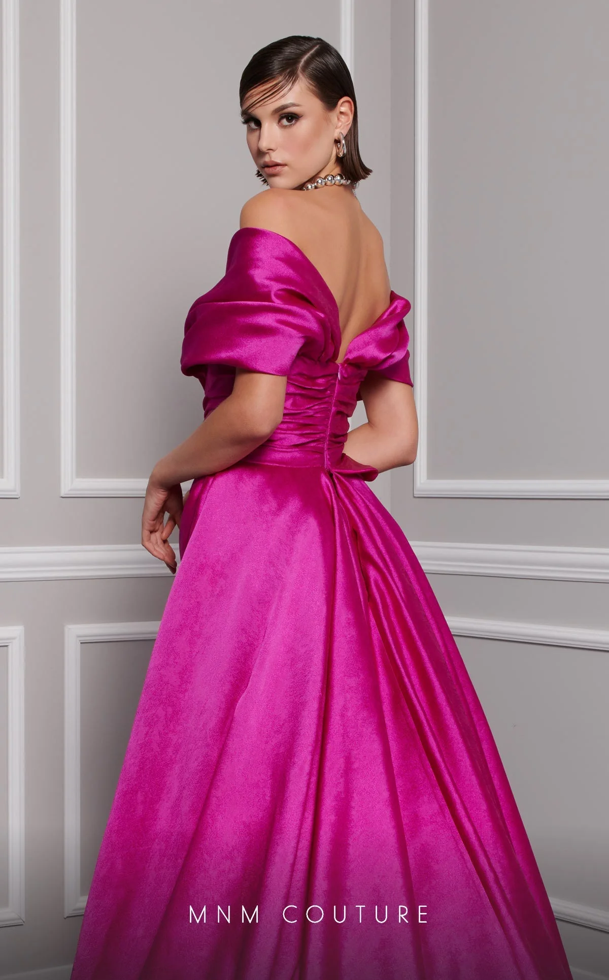 MNM Couture 2747A Mustard Strapless Brocade Gown with Slit and Train - Image 4