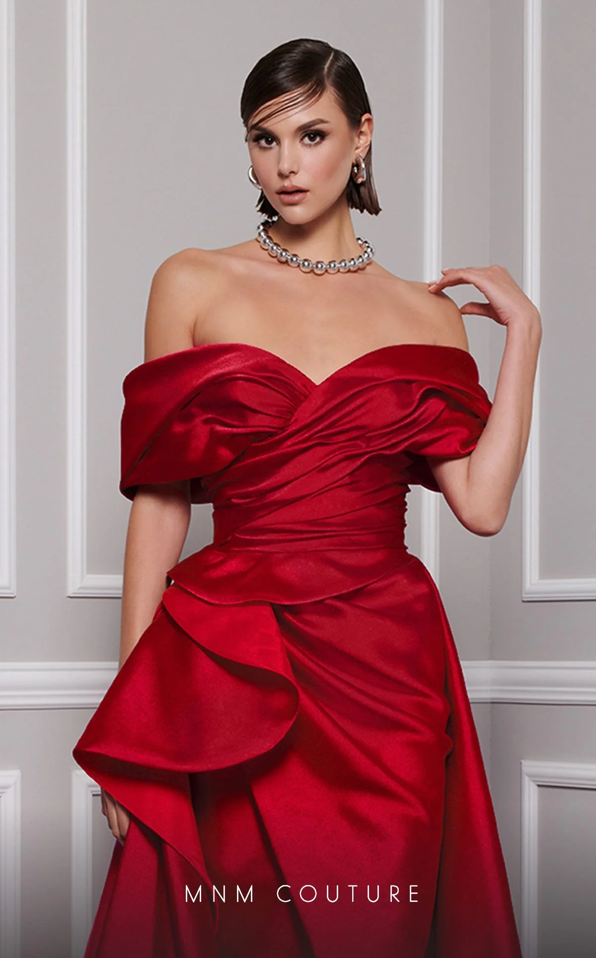 MNM Couture 2747A Mustard Strapless Brocade Gown with Slit and Train - Image 6