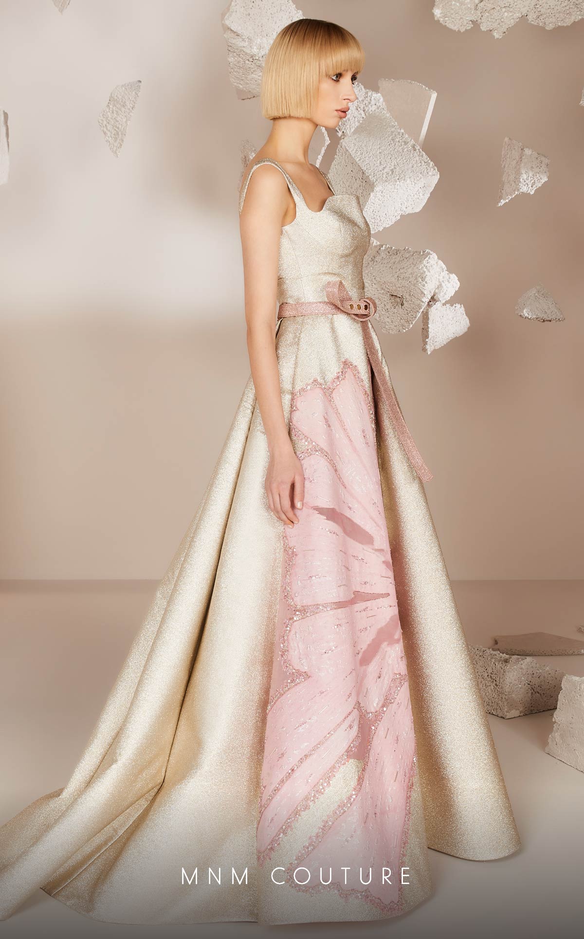 Floral Gold A-Line Gown with Square Neck & Belt by MNM Couture - Image 2