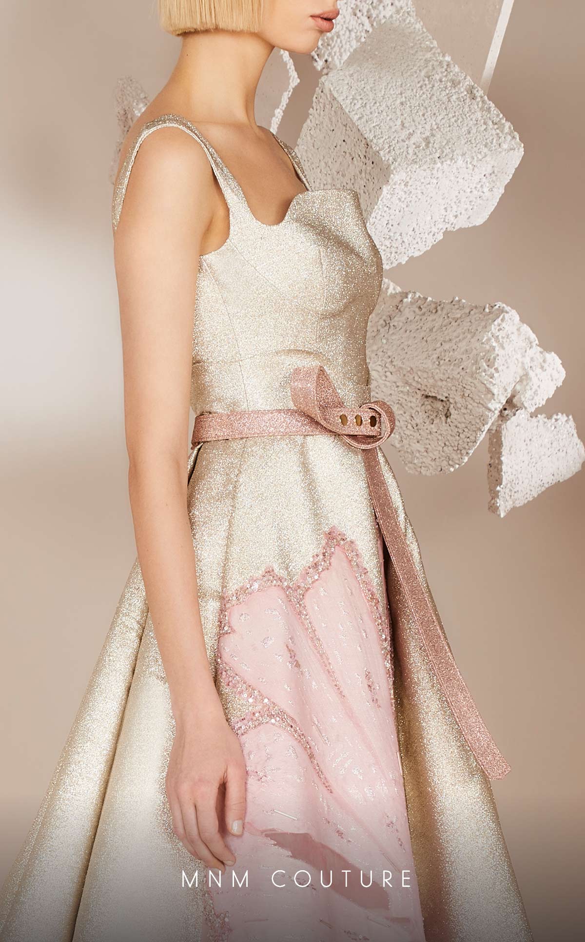 Floral Gold A-Line Gown with Square Neck & Belt by MNM Couture - Image 4