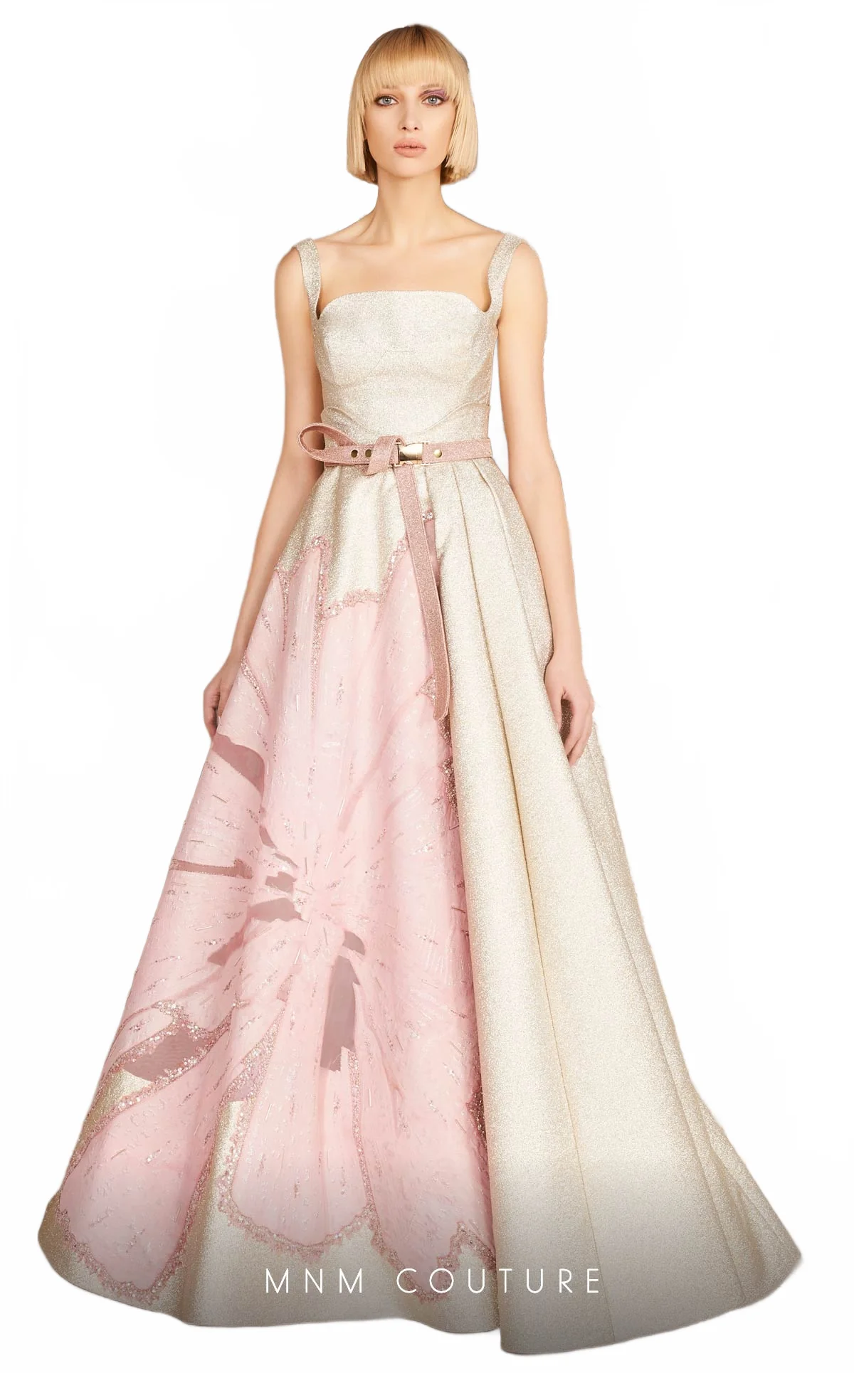 Floral Gold A-Line Gown with Square Neck & Belt by MNM Couture - Image 5