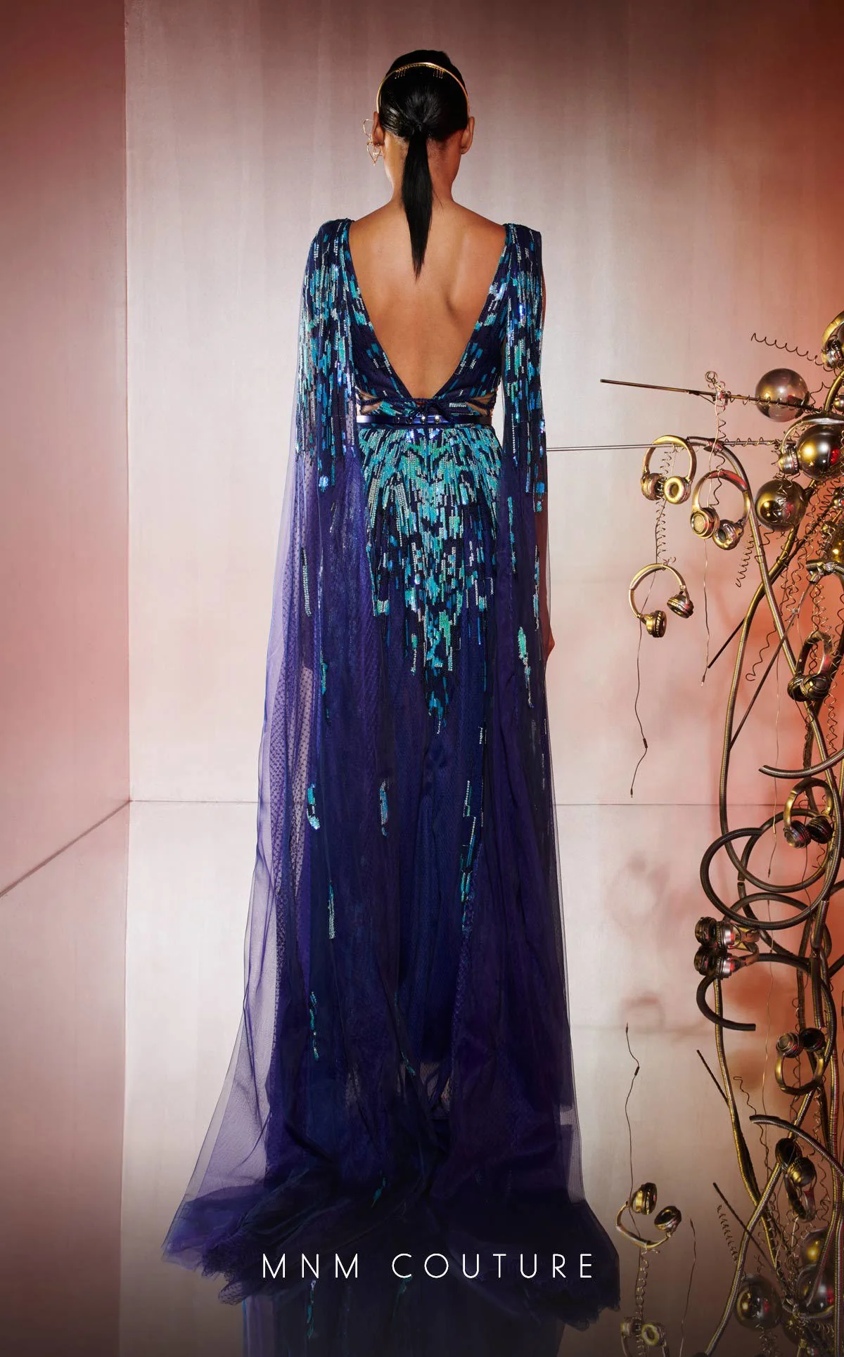 MNM Couture E0044 Blue Embroidered V-Neck Gown with Flared Skirt - Image 2