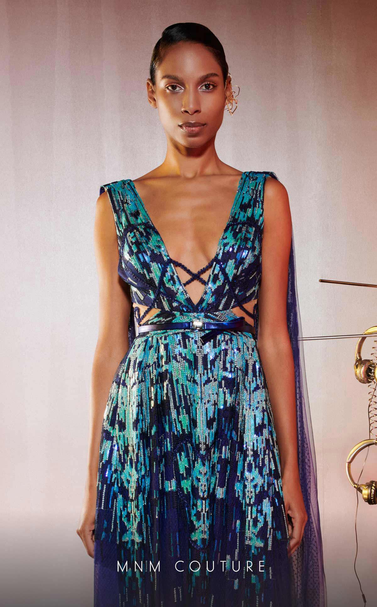 MNM Couture E0044 Blue Embroidered V-Neck Gown with Flared Skirt - Image 4
