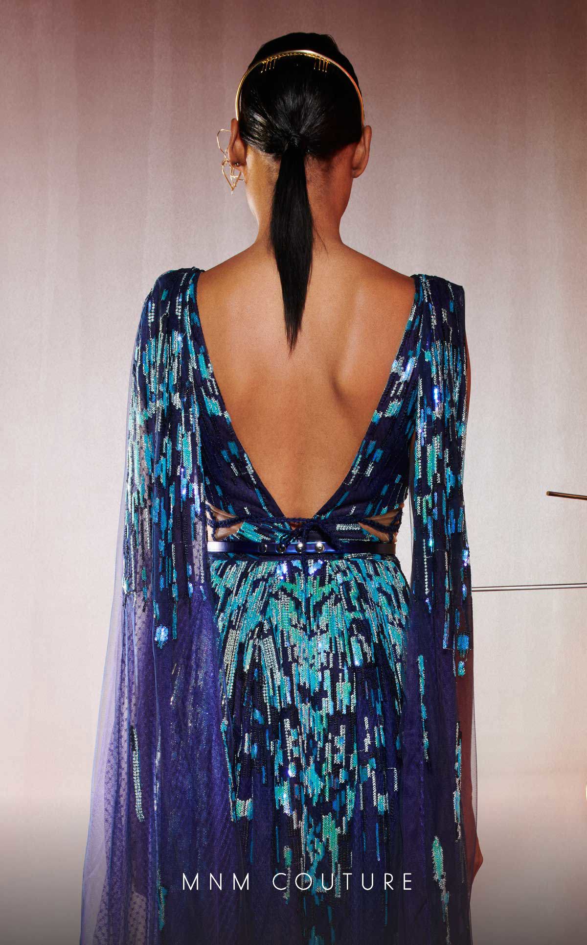 MNM Couture E0044 Blue Embroidered V-Neck Gown with Flared Skirt - Image 5