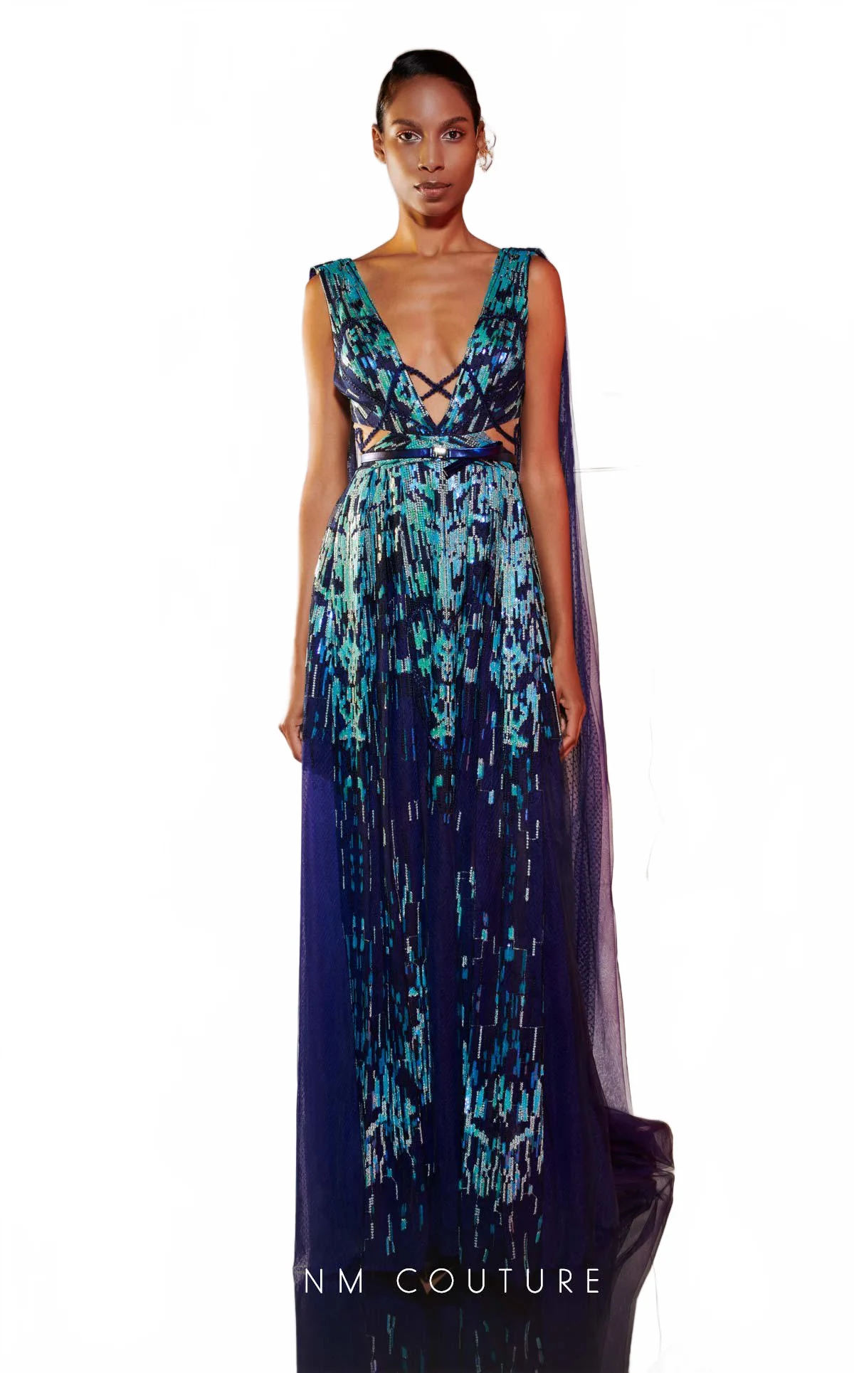 MNM Couture E0044 Blue Embroidered V-Neck Gown with Flared Skirt - Image 6
