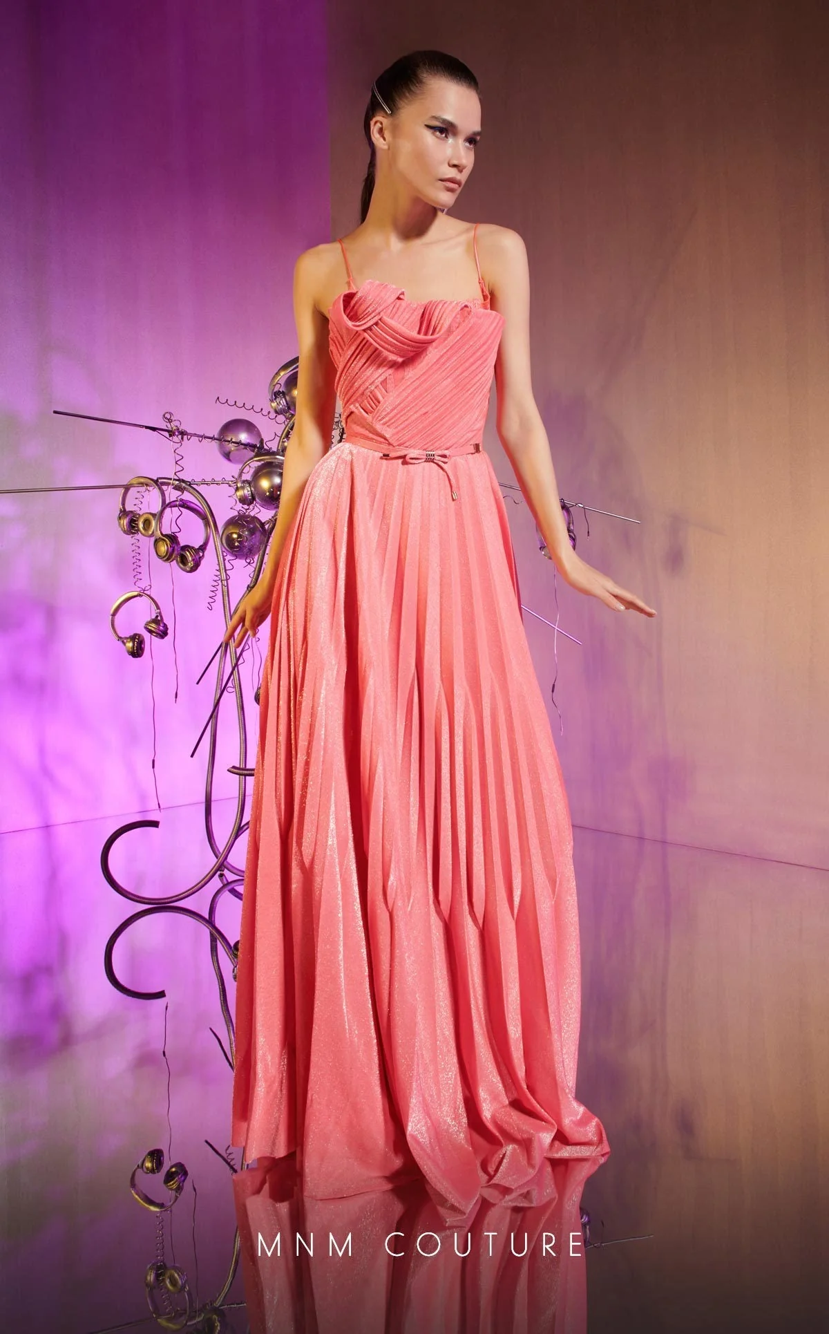 MNM Couture E0045 Strapless Metallic Pink Plissé Gown with Draped Corset - Image 3