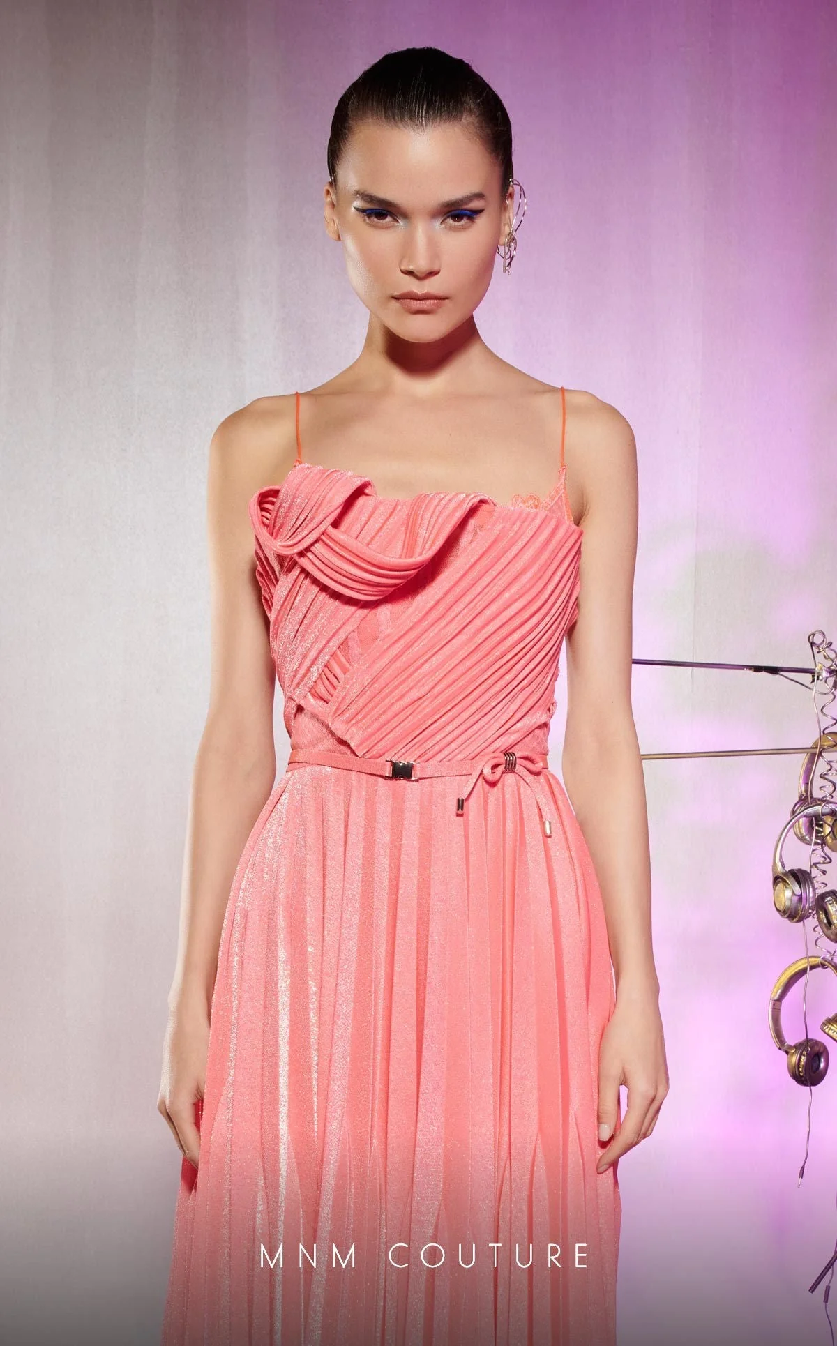 MNM Couture E0045 Strapless Metallic Pink Plissé Gown with Draped Corset - Image 4