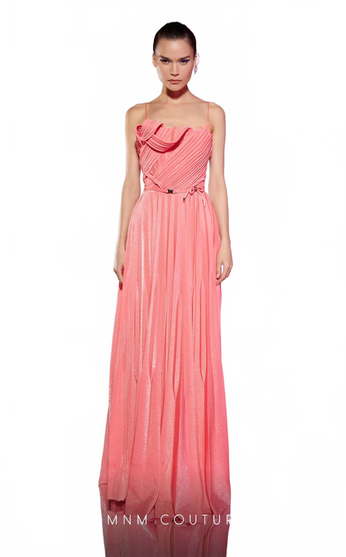 MNM Couture E0045 Strapless Metallic Pink Plissé Gown with Draped Corset - Image 7