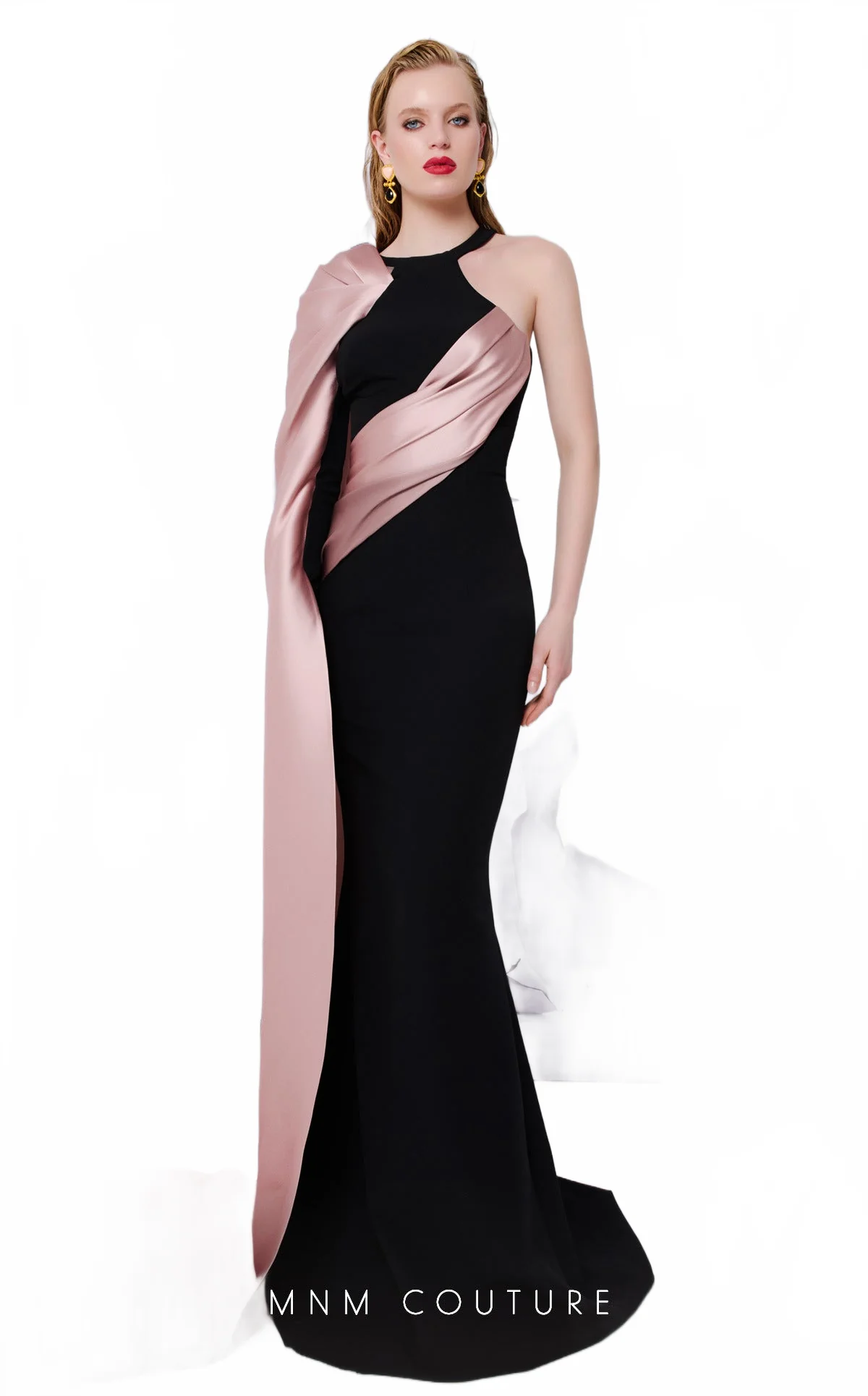 MNM Couture E0072 Black & Blush Draped Satin Gown - Image 11