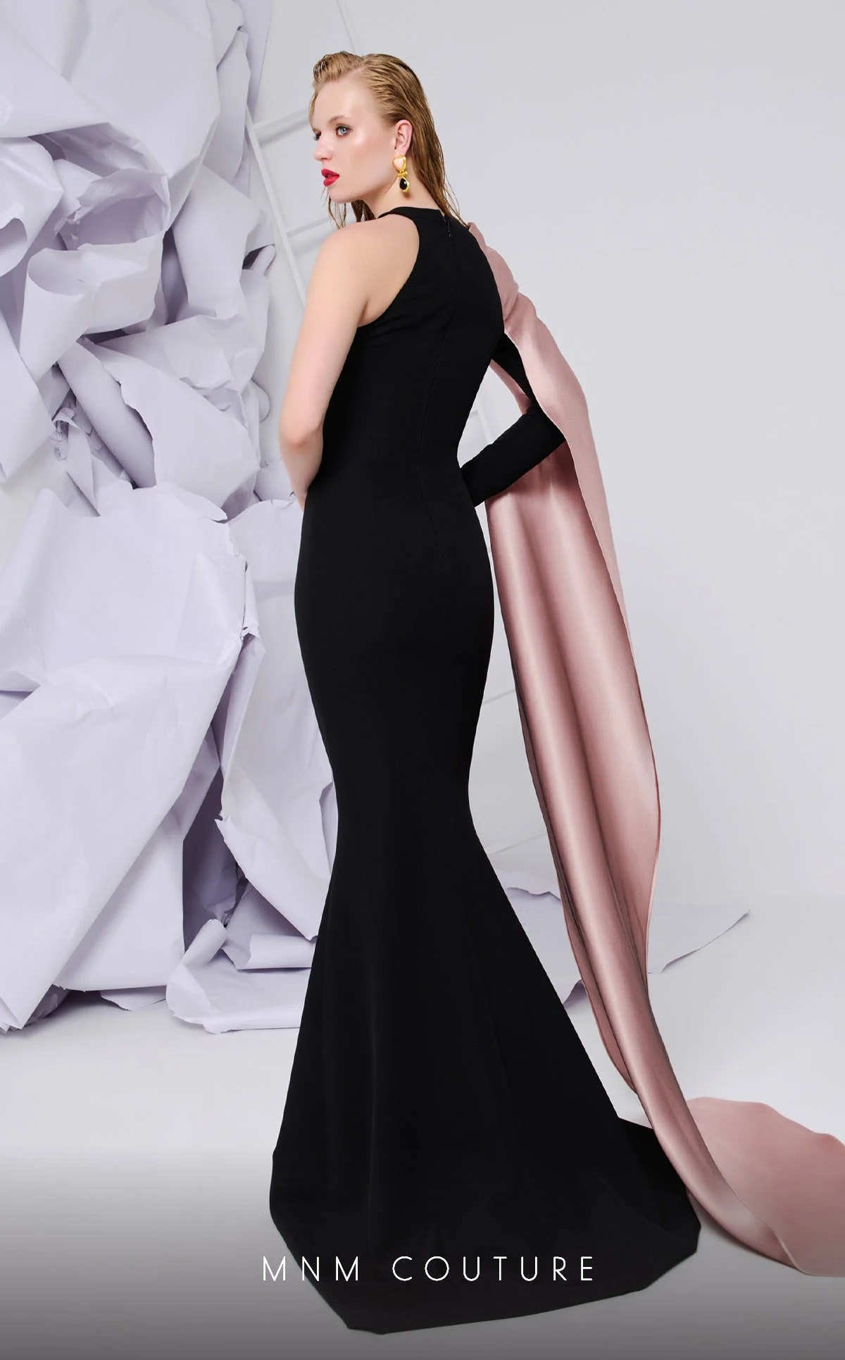 MNM Couture E0072 Black & Blush Draped Satin Gown - Image 2