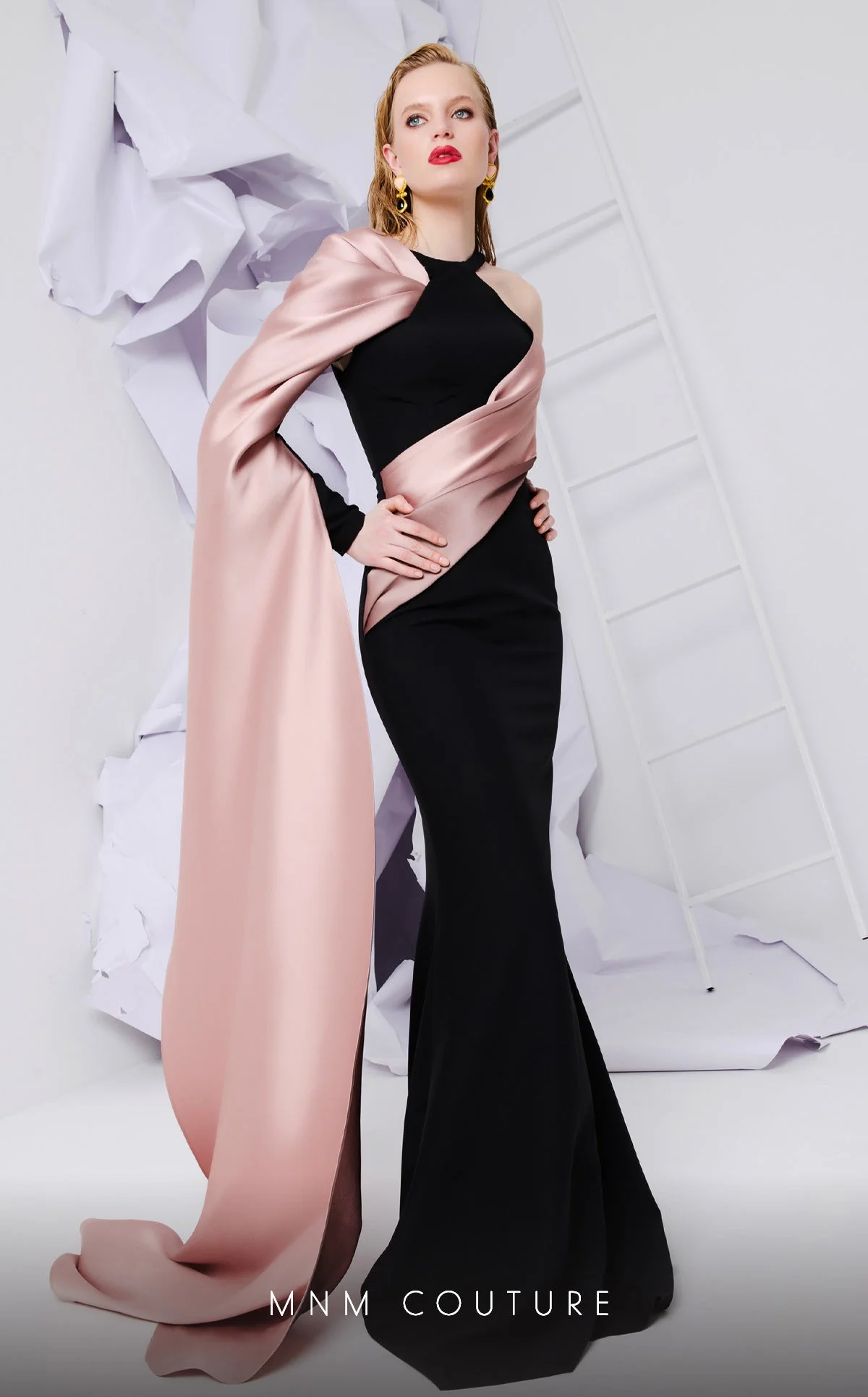 MNM Couture E0072 Black & Blush Draped Satin Gown - Image 3