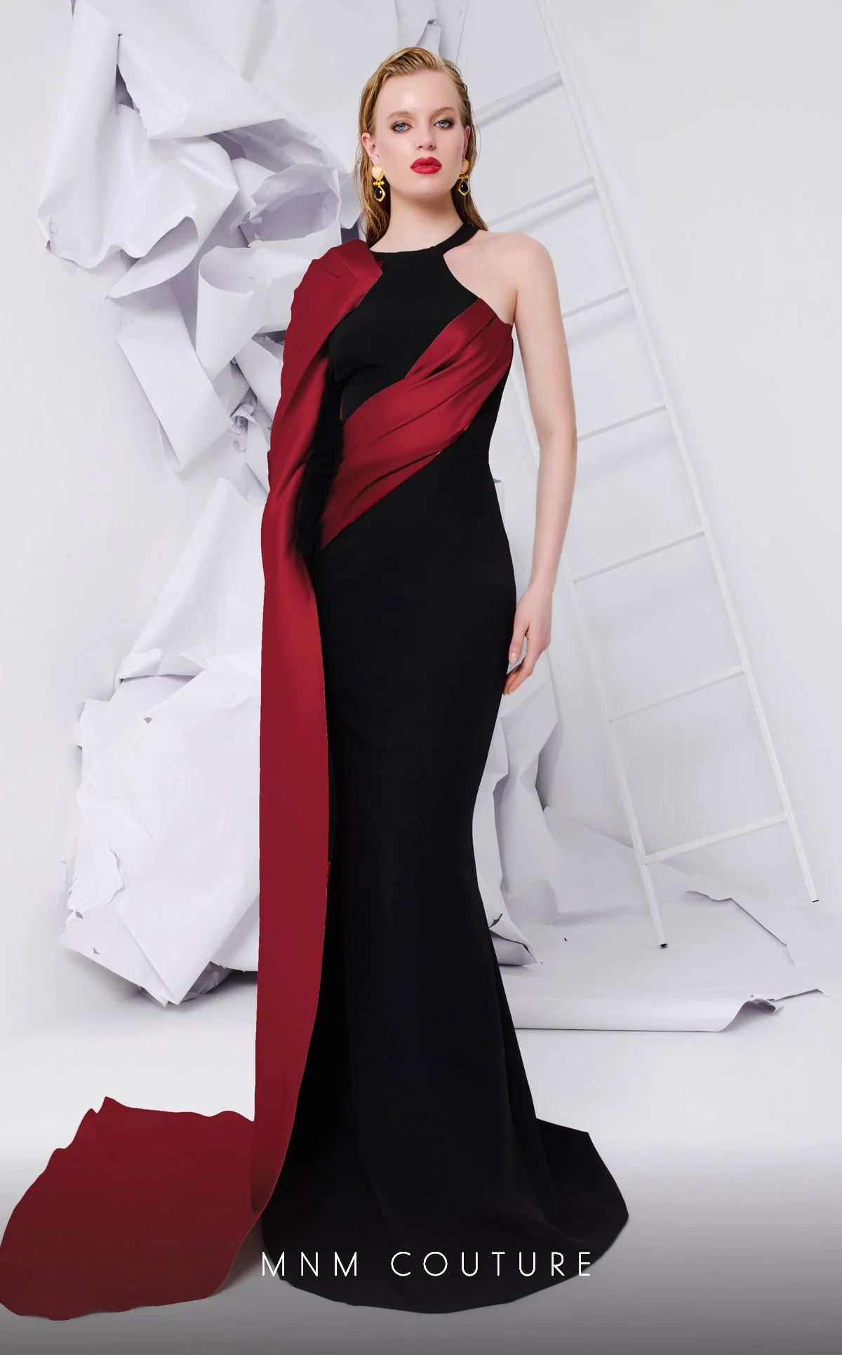 MNM Couture E0072 Black & Blush Draped Satin Gown - Image 4