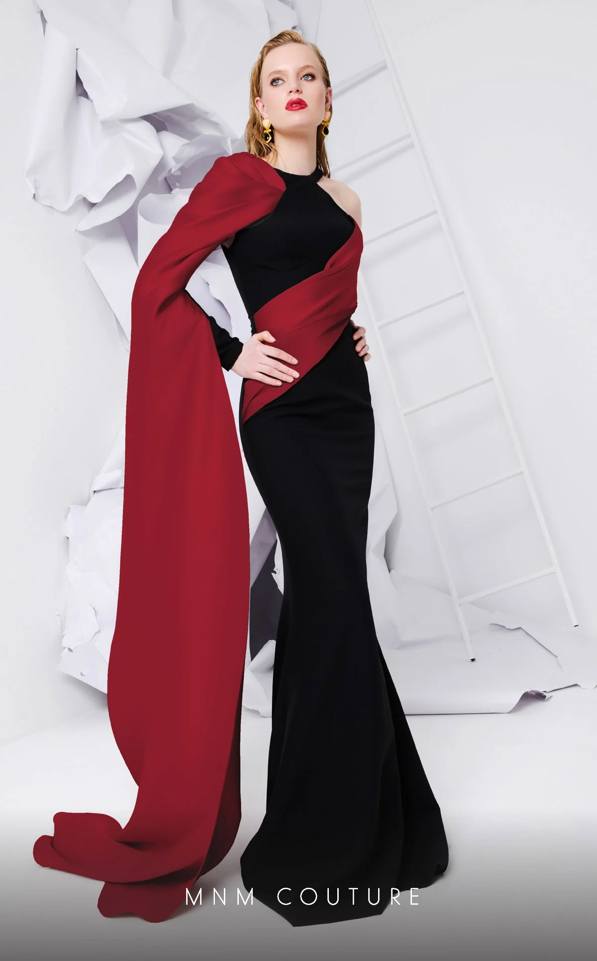 MNM Couture E0072 Black & Blush Draped Satin Gown - Image 5