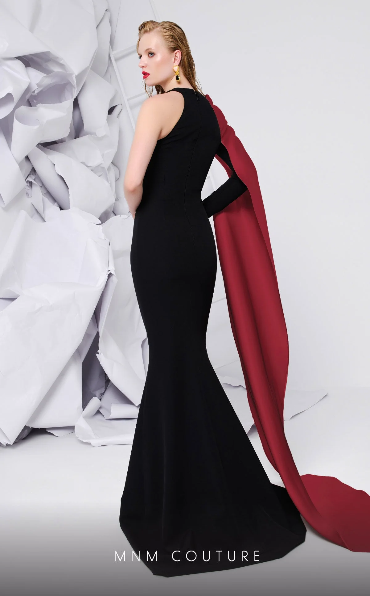 MNM Couture E0072 Black & Blush Draped Satin Gown - Image 6