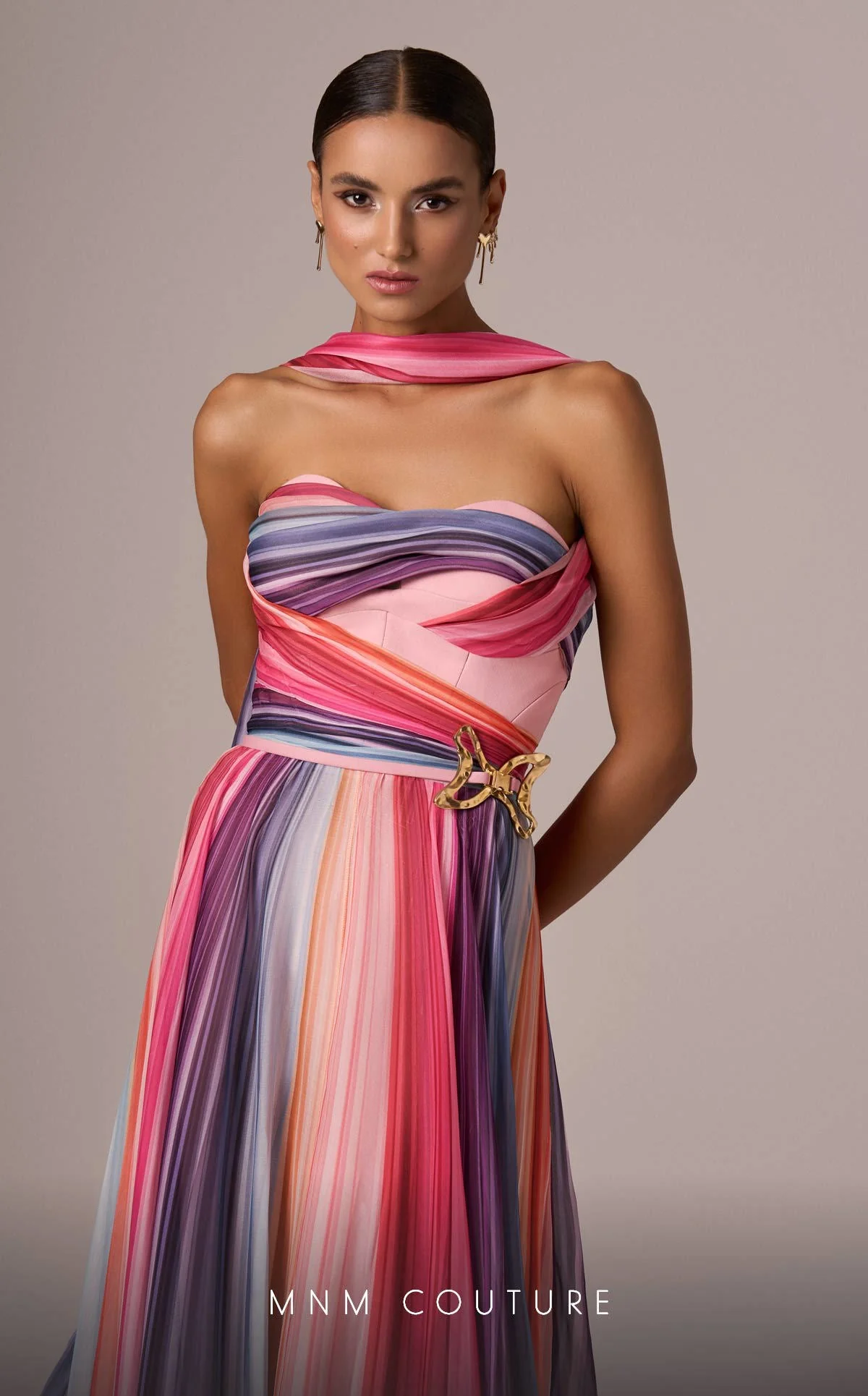 MNM Couture E0080 Off-Shoulder Multicolor Evening Gown with Scarf - Image 3