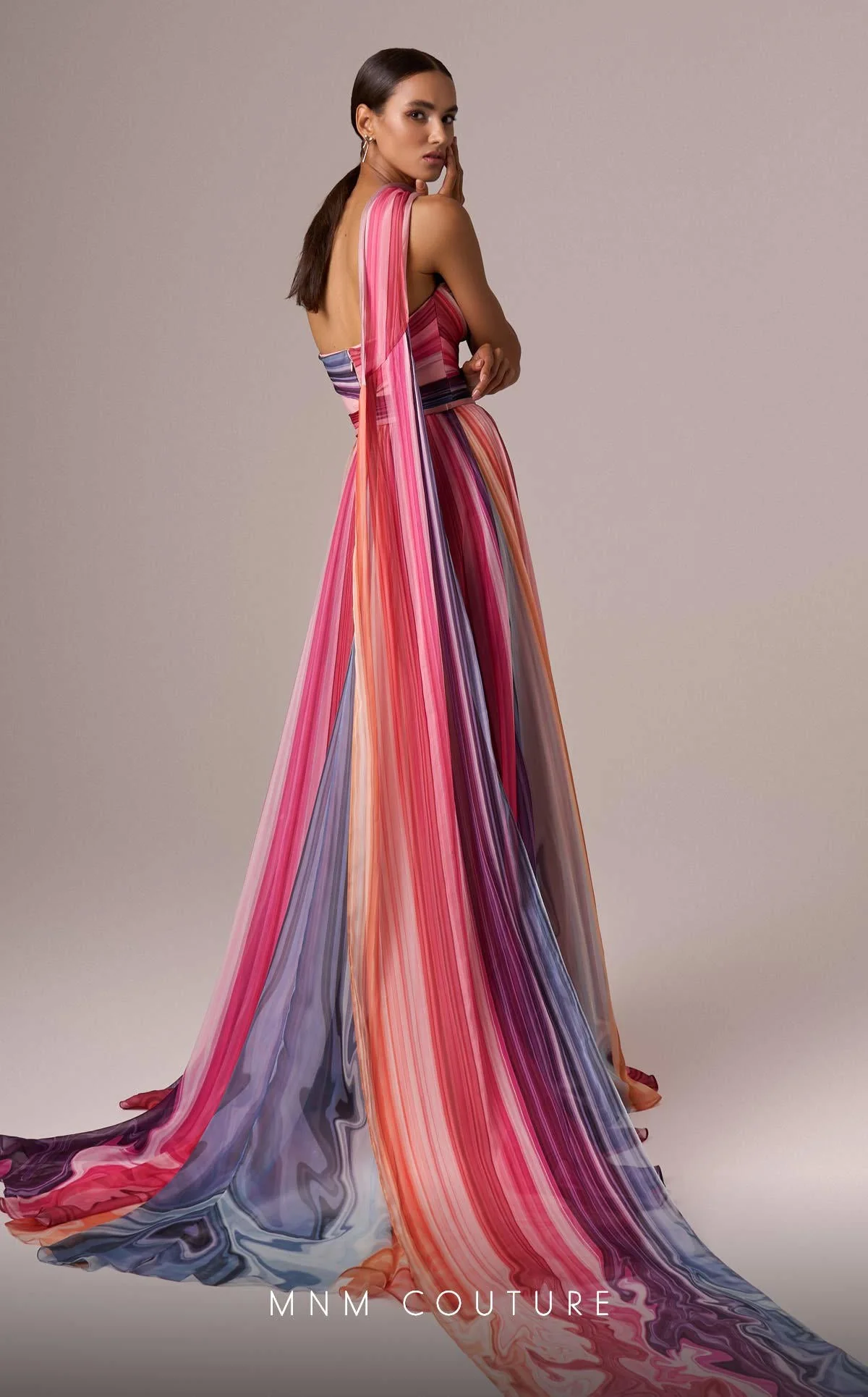 MNM Couture E0080 Off-Shoulder Multicolor Evening Gown with Scarf - Image 4