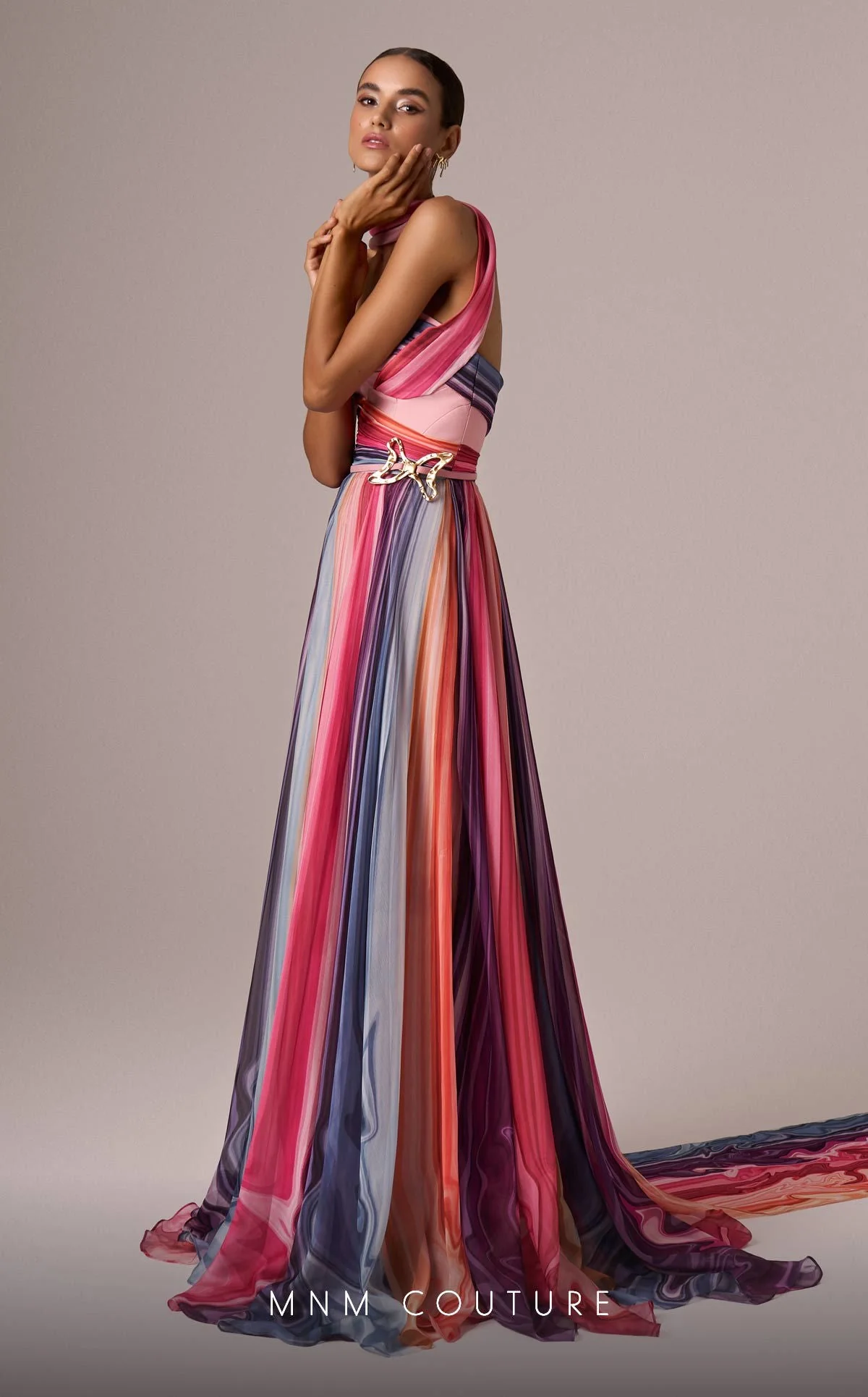 MNM Couture E0080 Off-Shoulder Multicolor Evening Gown with Scarf - Image 5