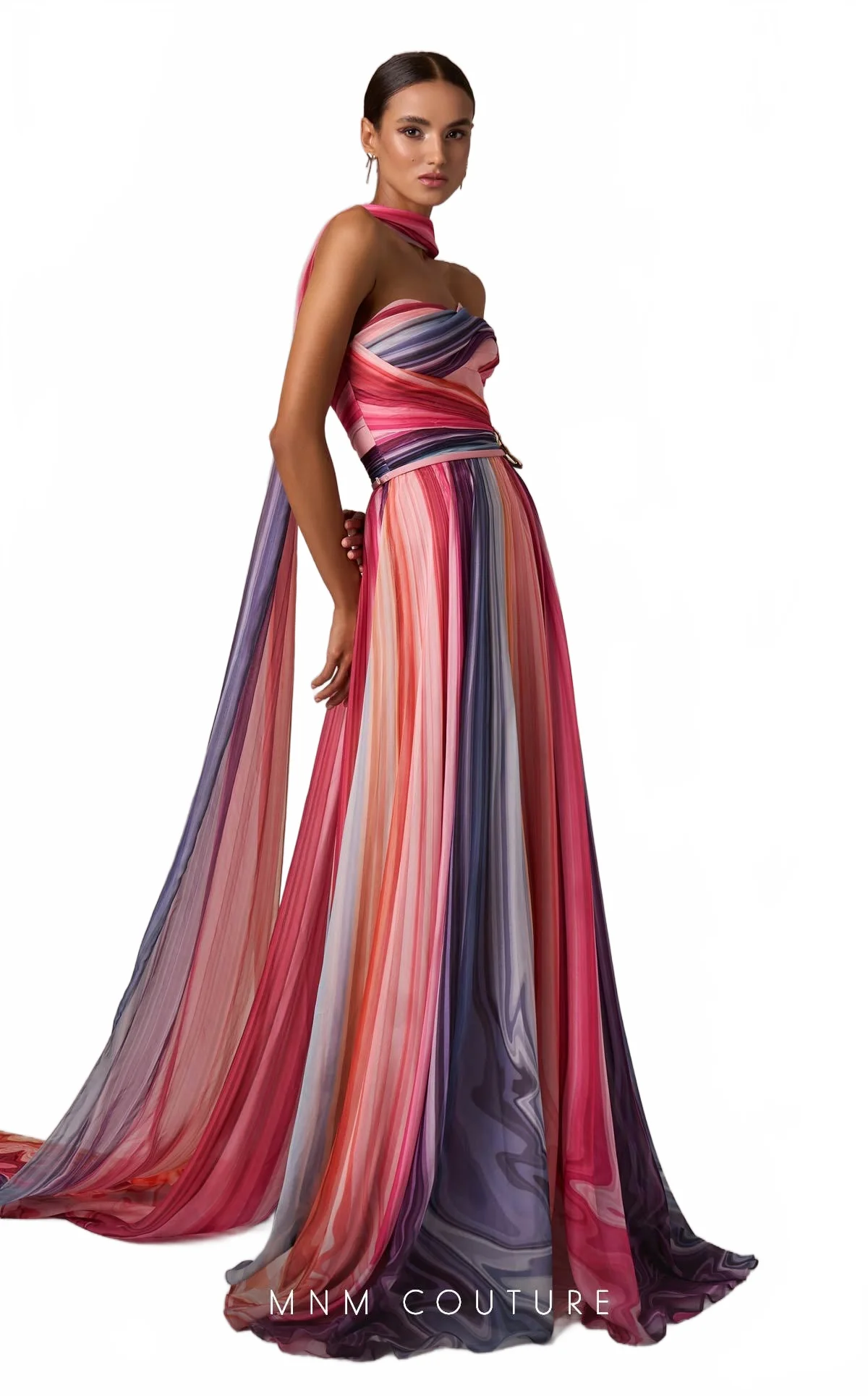 MNM Couture E0080 Off-Shoulder Multicolor Evening Gown with Scarf - Image 6