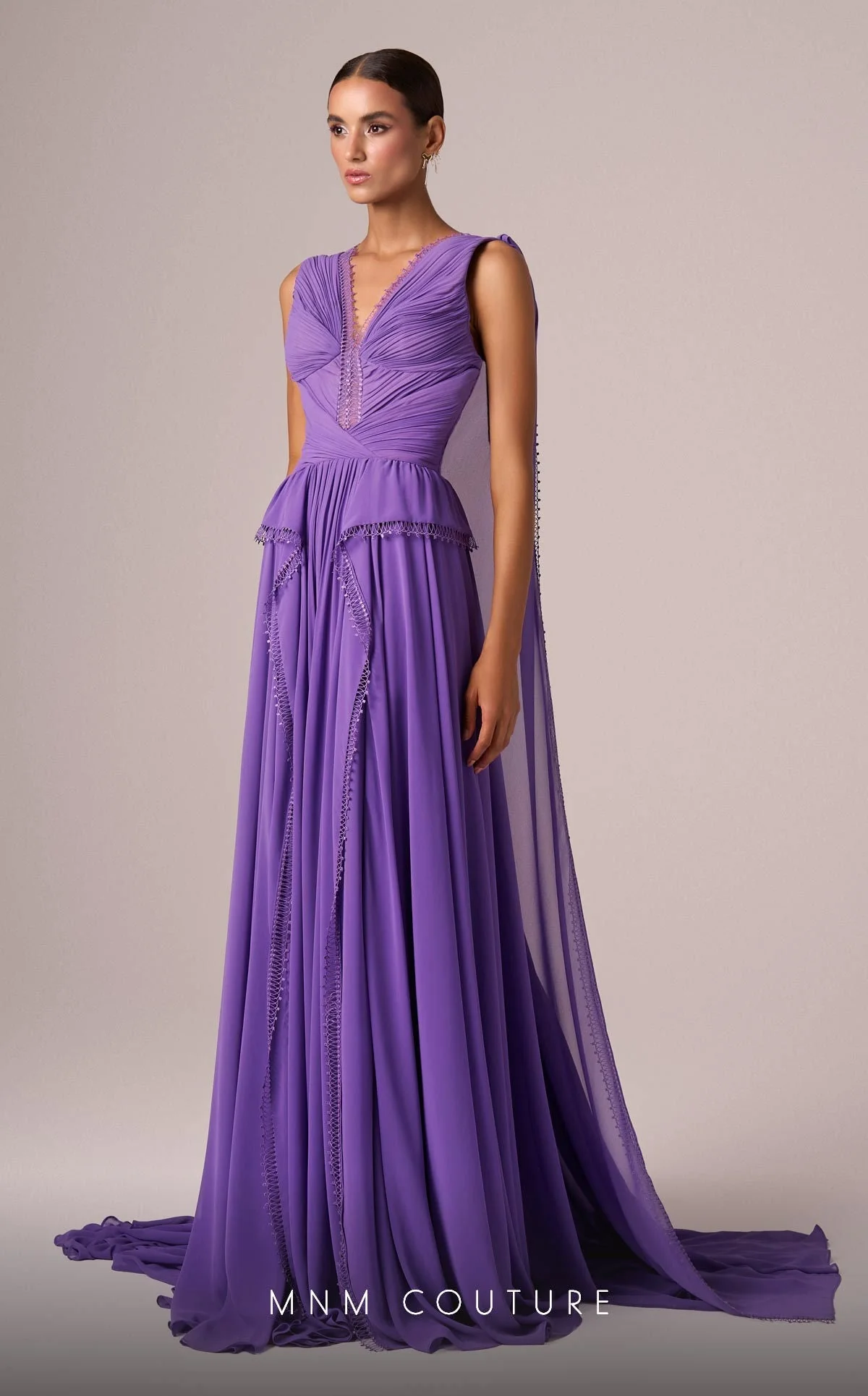 MNM Couture E0086 Purple Gown with V-Neck and Shoulder Trains - Image 3