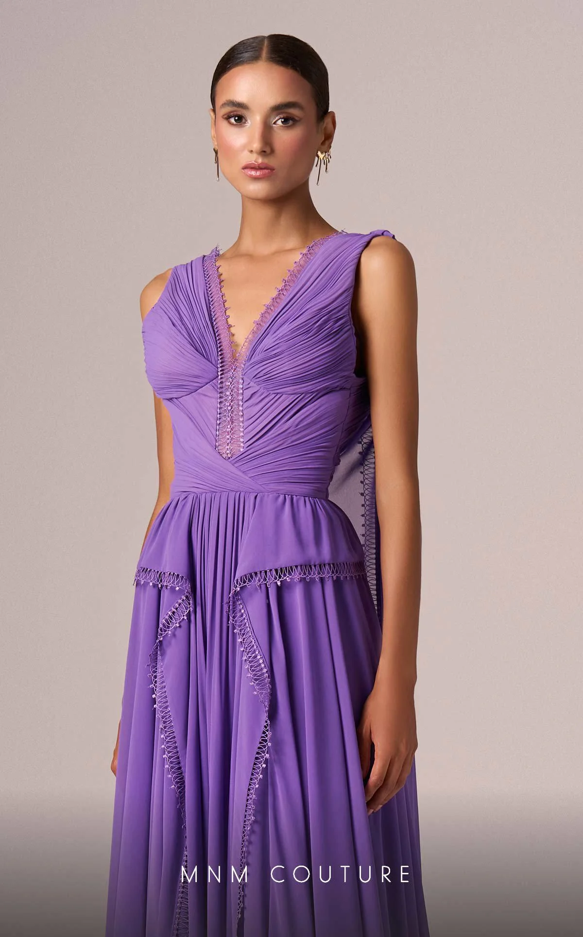 MNM Couture E0086 Purple Gown with V-Neck and Shoulder Trains - Image 4