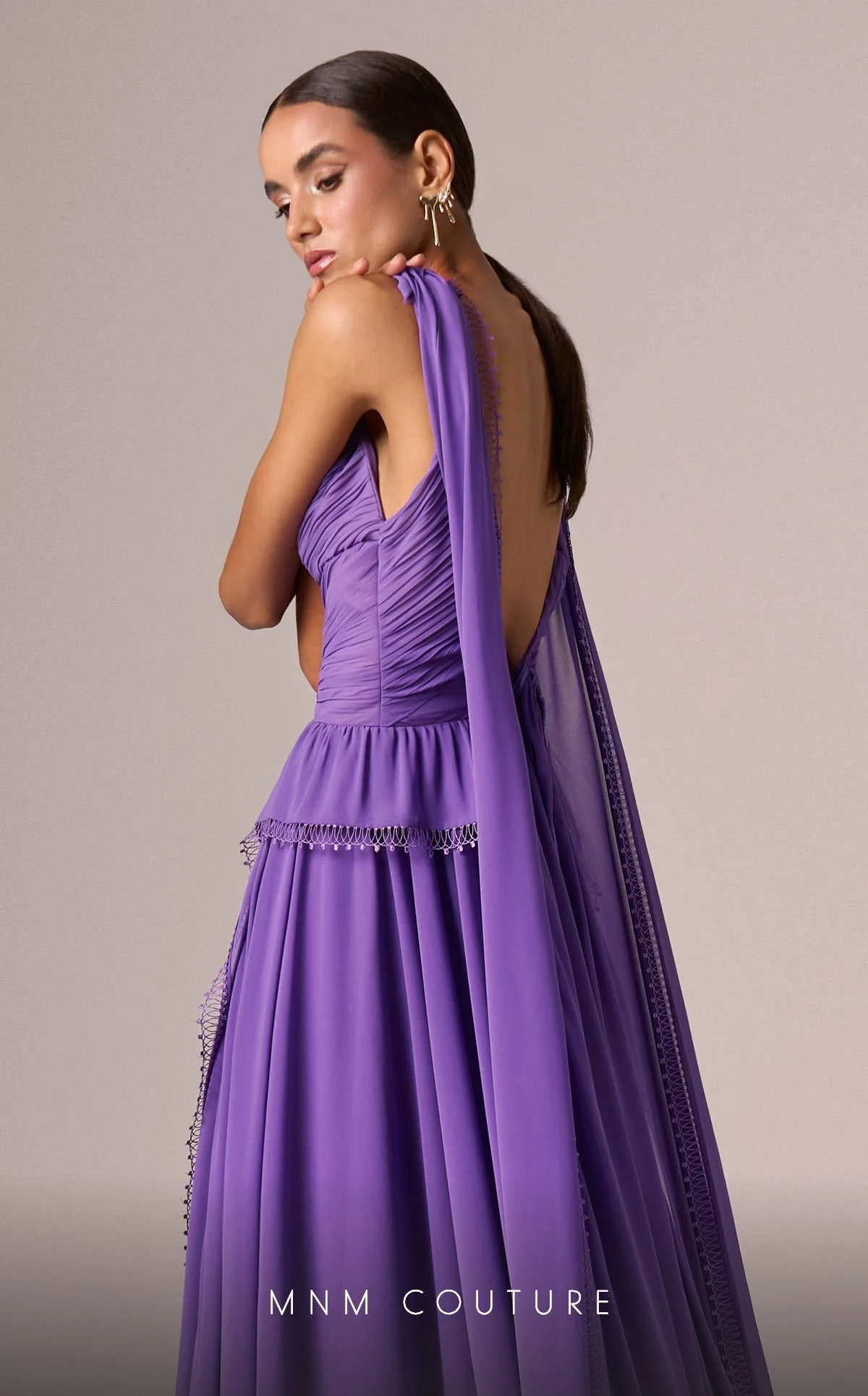 MNM Couture E0086 Purple Gown with V-Neck and Shoulder Trains - Image 5