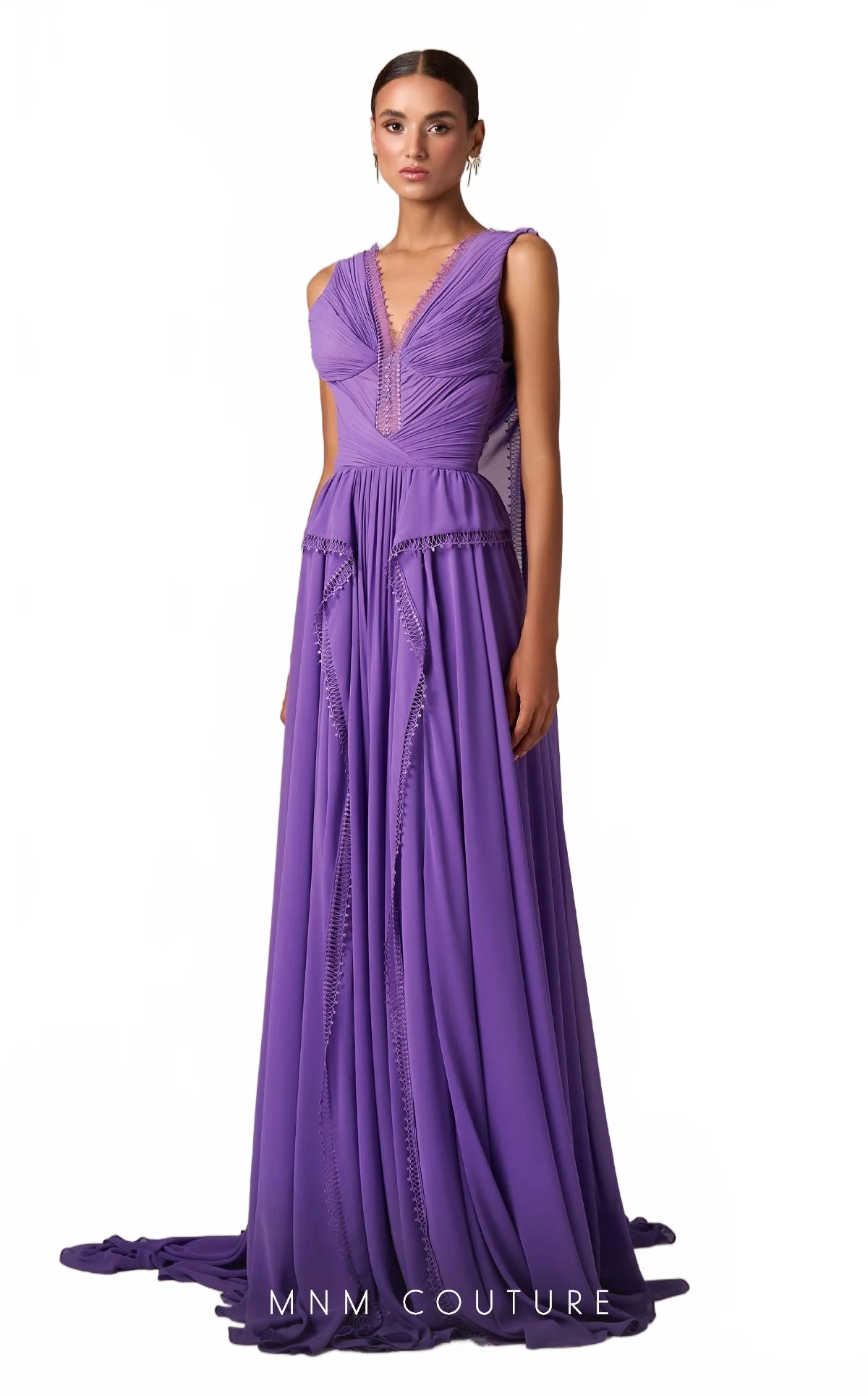 MNM Couture E0086 Purple Gown with V-Neck and Shoulder Trains - Image 6