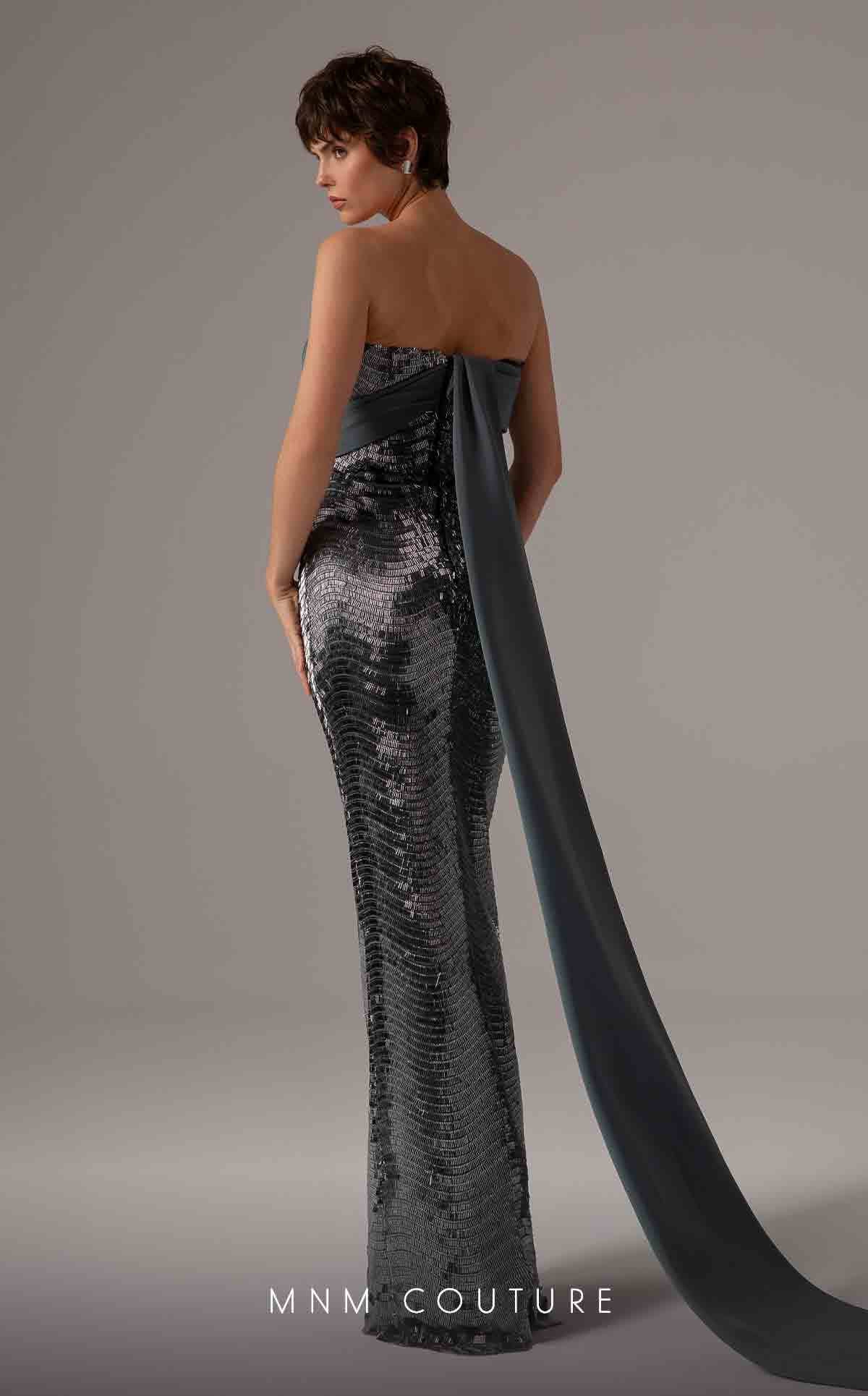 MNM Couture E0087 Silver Off-Shoulder Gown - Image 3