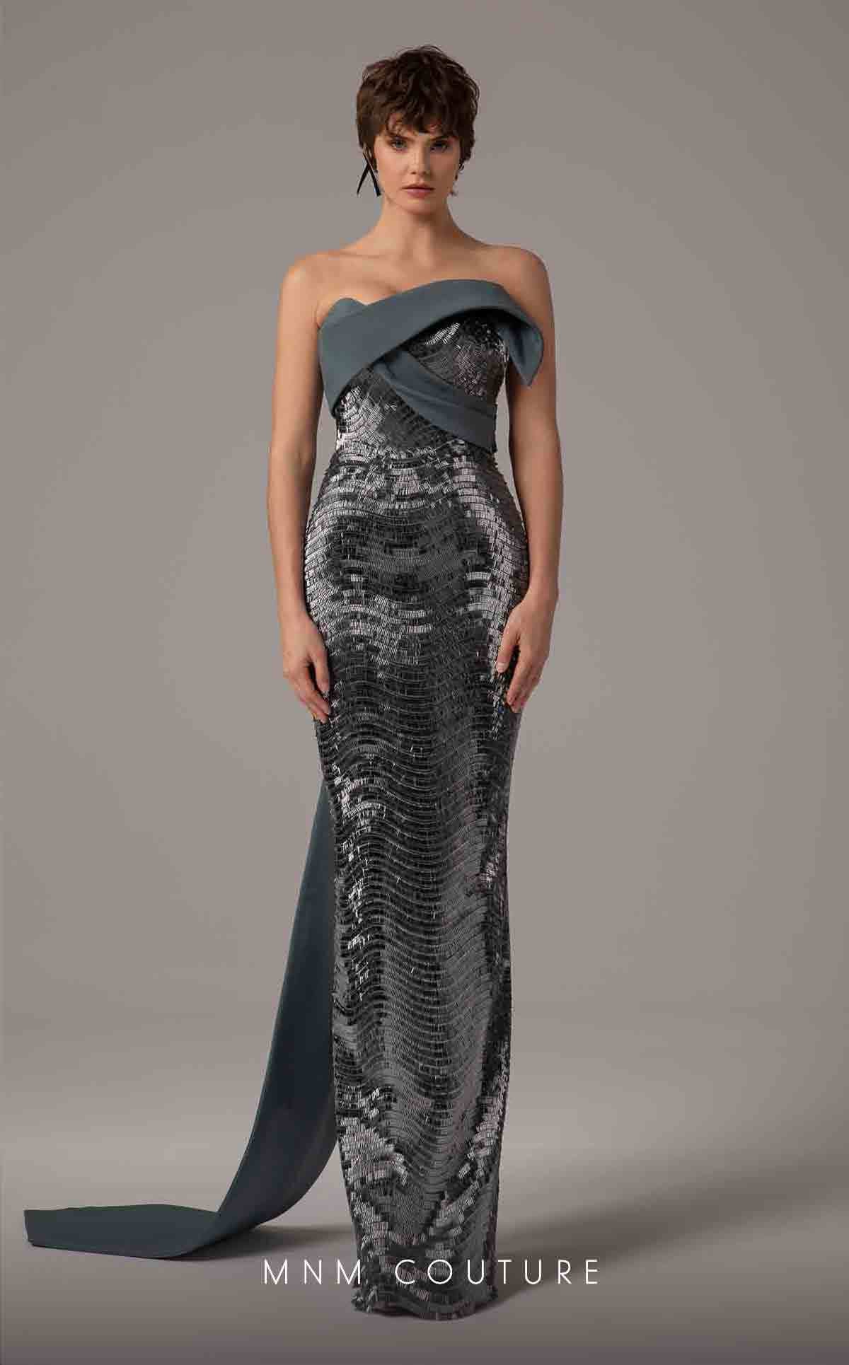 MNM Couture E0087 Silver Off-Shoulder Gown - Image 4