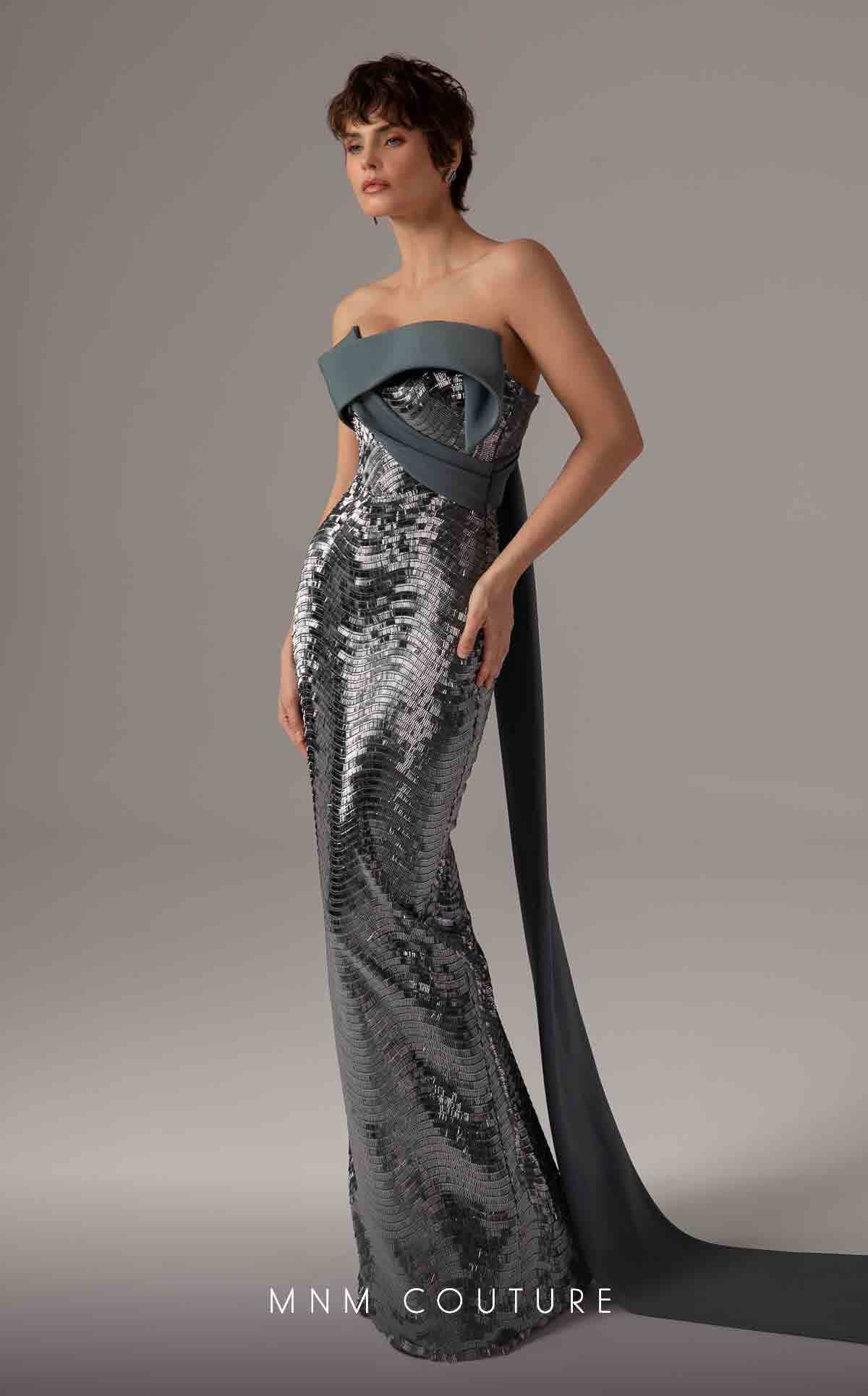 MNM Couture E0087 Silver Off-Shoulder Gown - Image 5