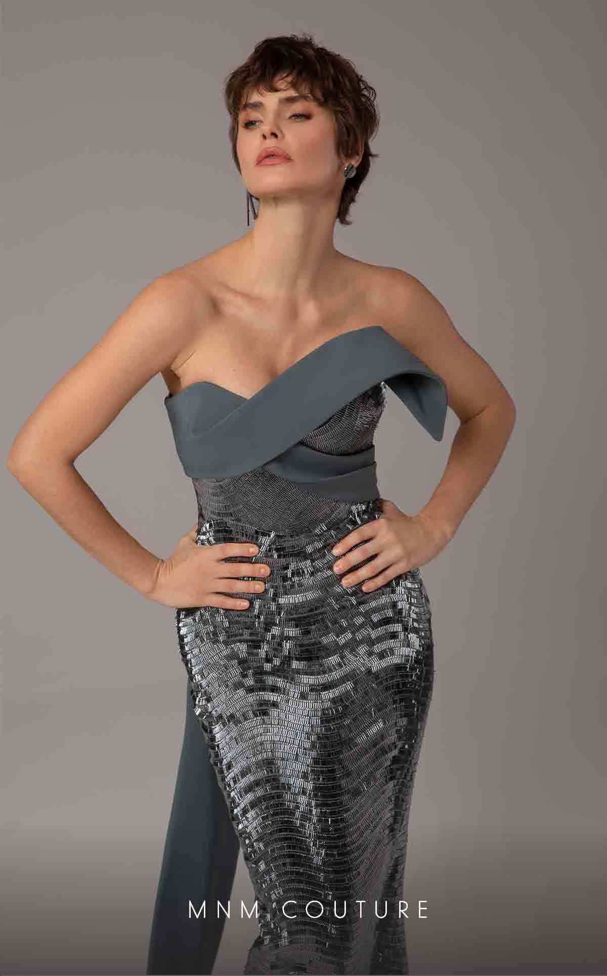 MNM Couture E0087 Silver Off-Shoulder Gown - Image 7