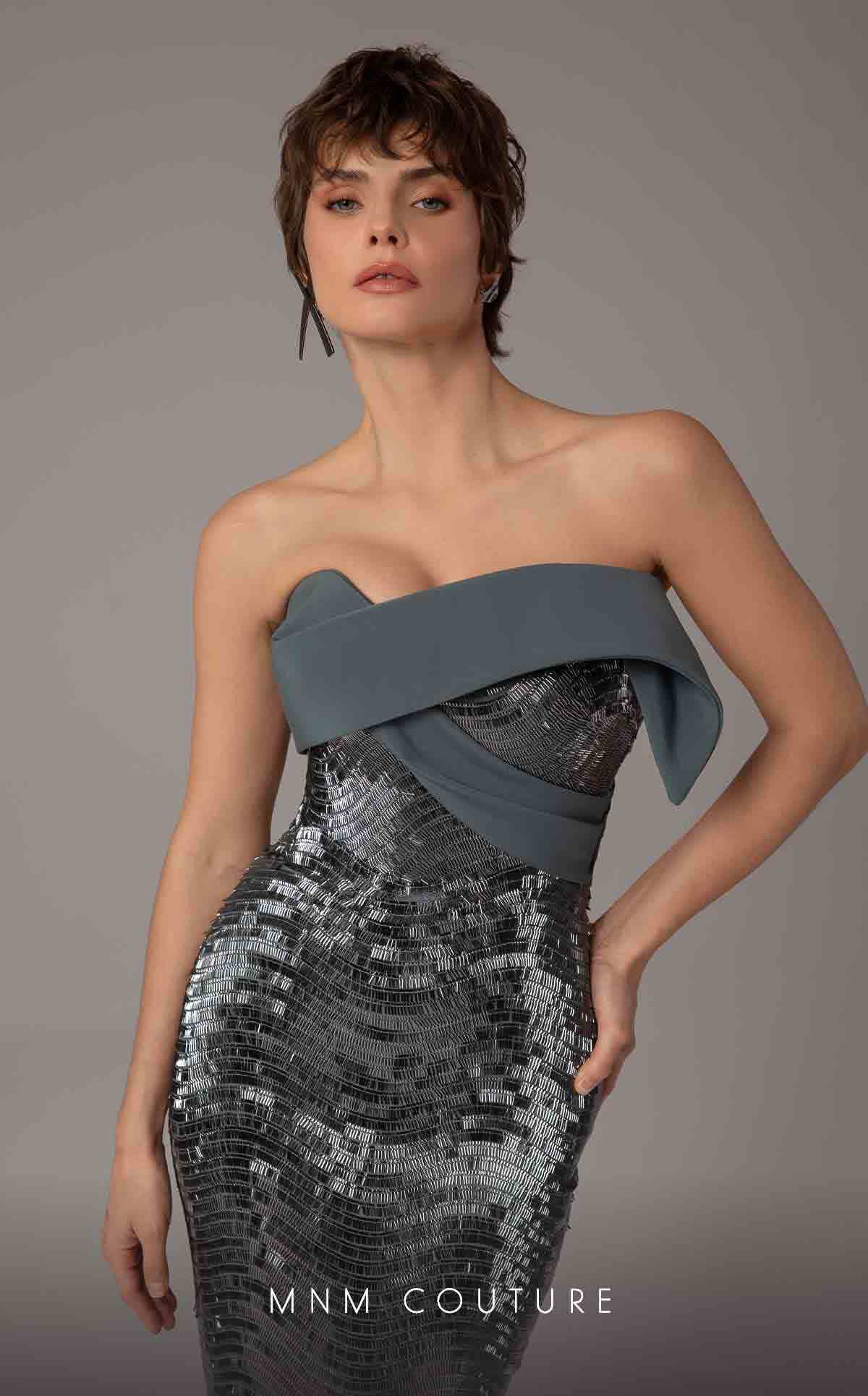 MNM Couture E0087 Silver Off-Shoulder Gown - Image 9
