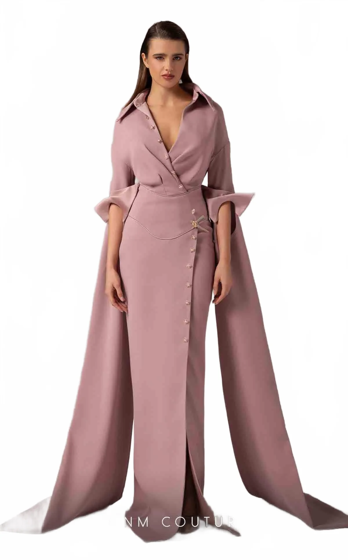 MNM Couture E0094 Cherry A-Line Gown with Cape & Slit - Image 10