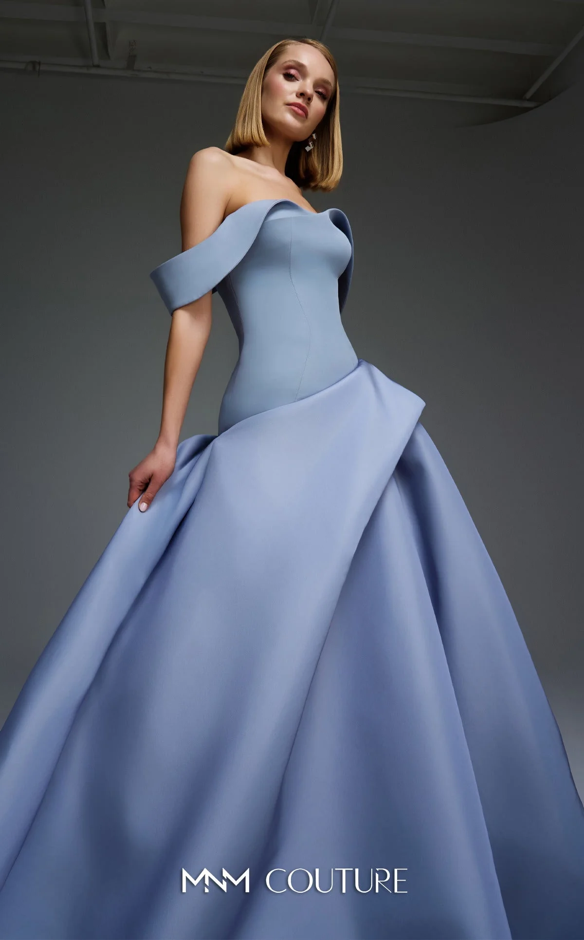 MNM Couture E0103 Off-Shoulder Black Ballgown with Sculpted Folds - Image 3