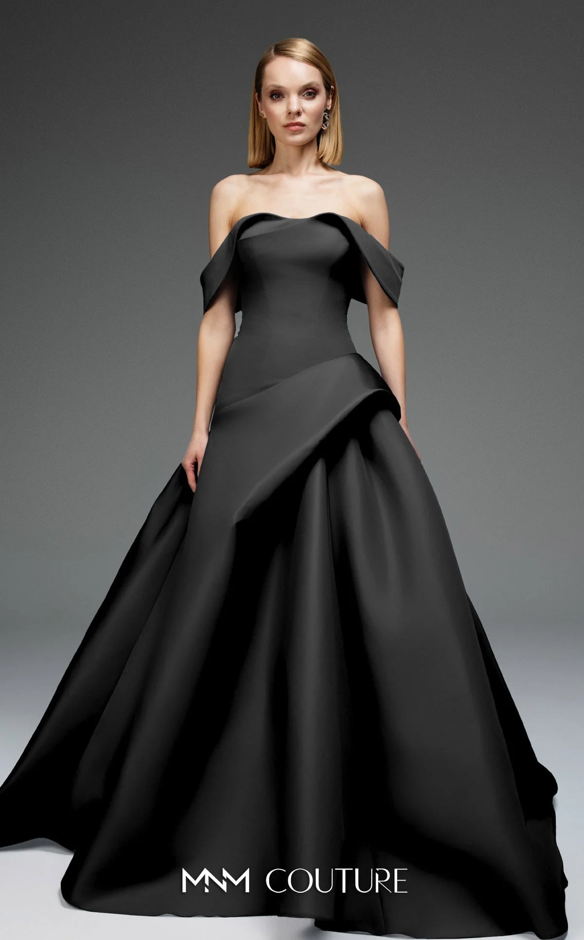 MNM Couture E0103 Off-Shoulder Black Ballgown with Sculpted Folds - Image 8