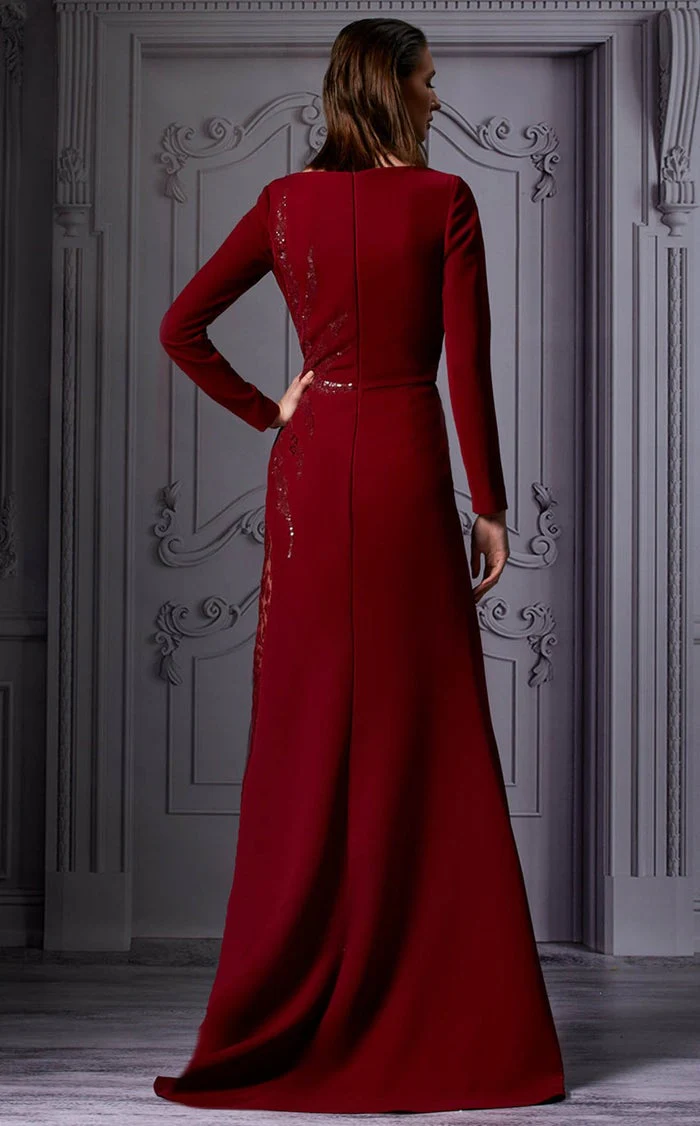 MNM Couture K3850 Burgundy High Neck Column Gown - Image 2