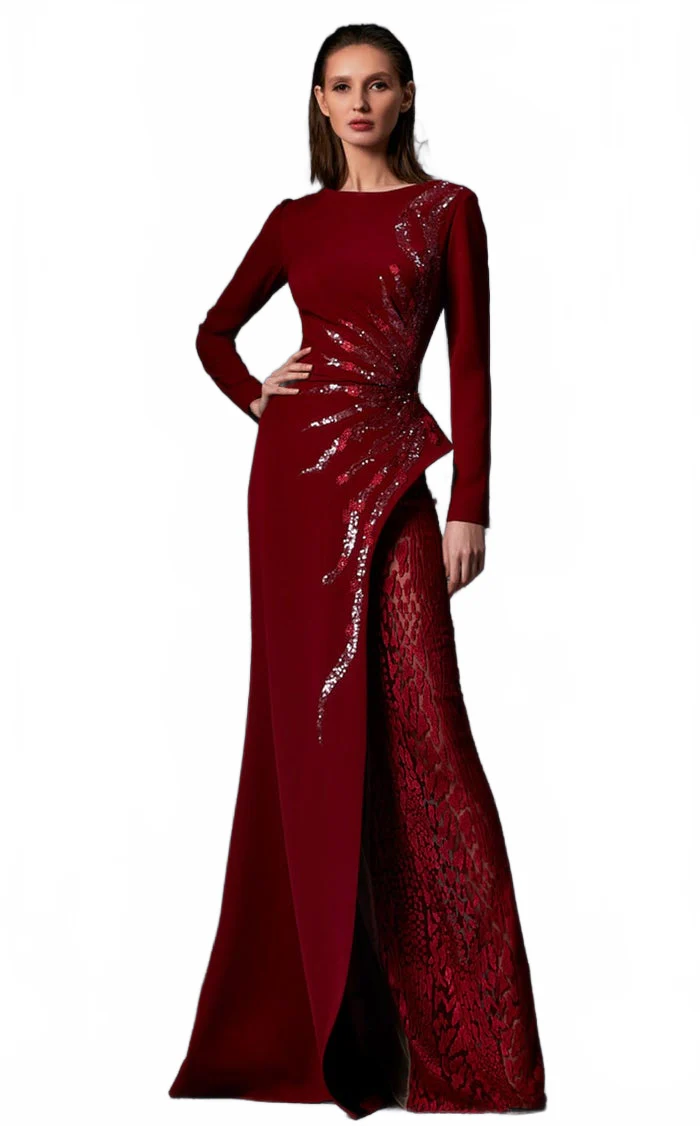 MNM Couture K3850 Burgundy High Neck Column Gown - Image 4