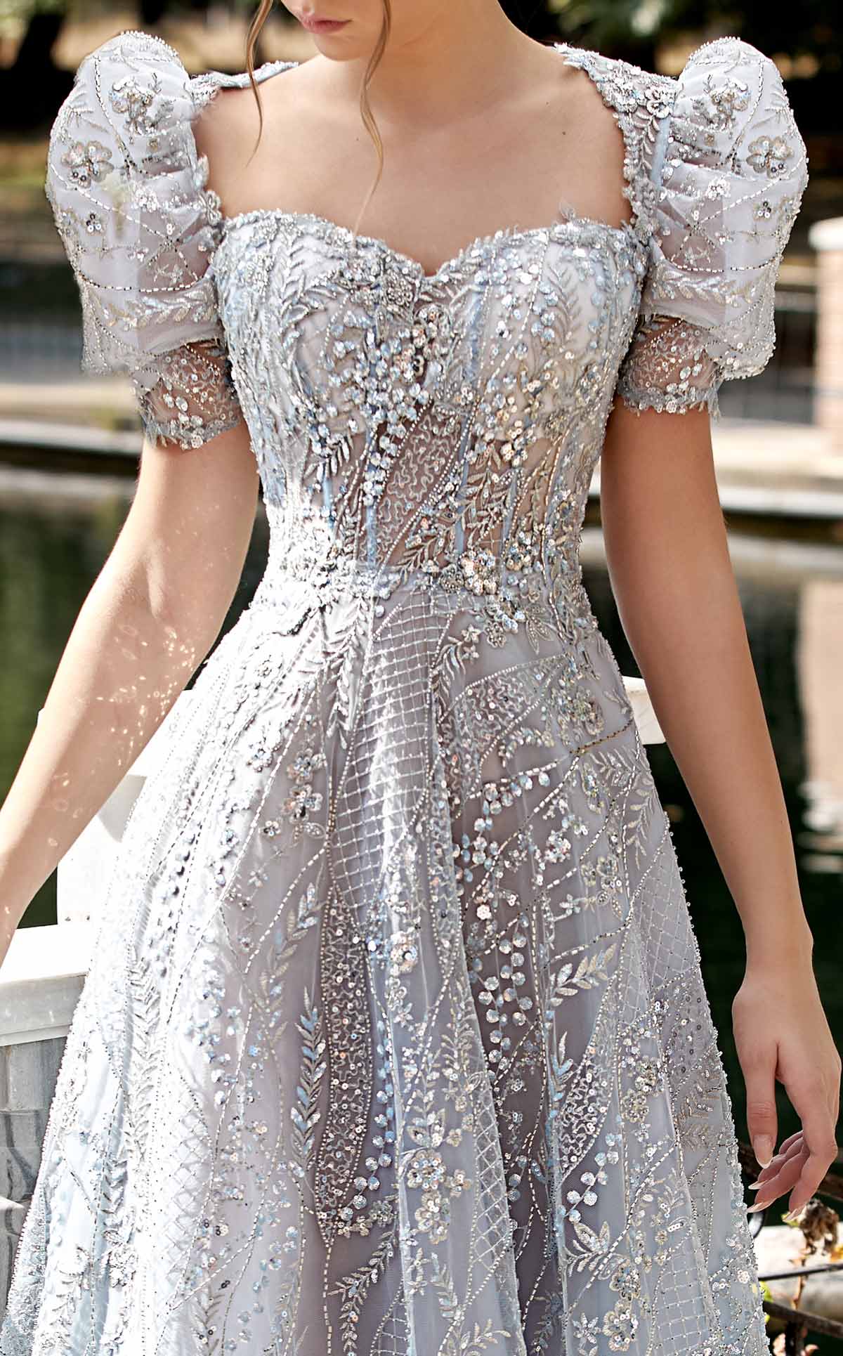 MNM Couture K3921 Blue Embellished Gown with Sheer Puffy Sleeves - Image 2