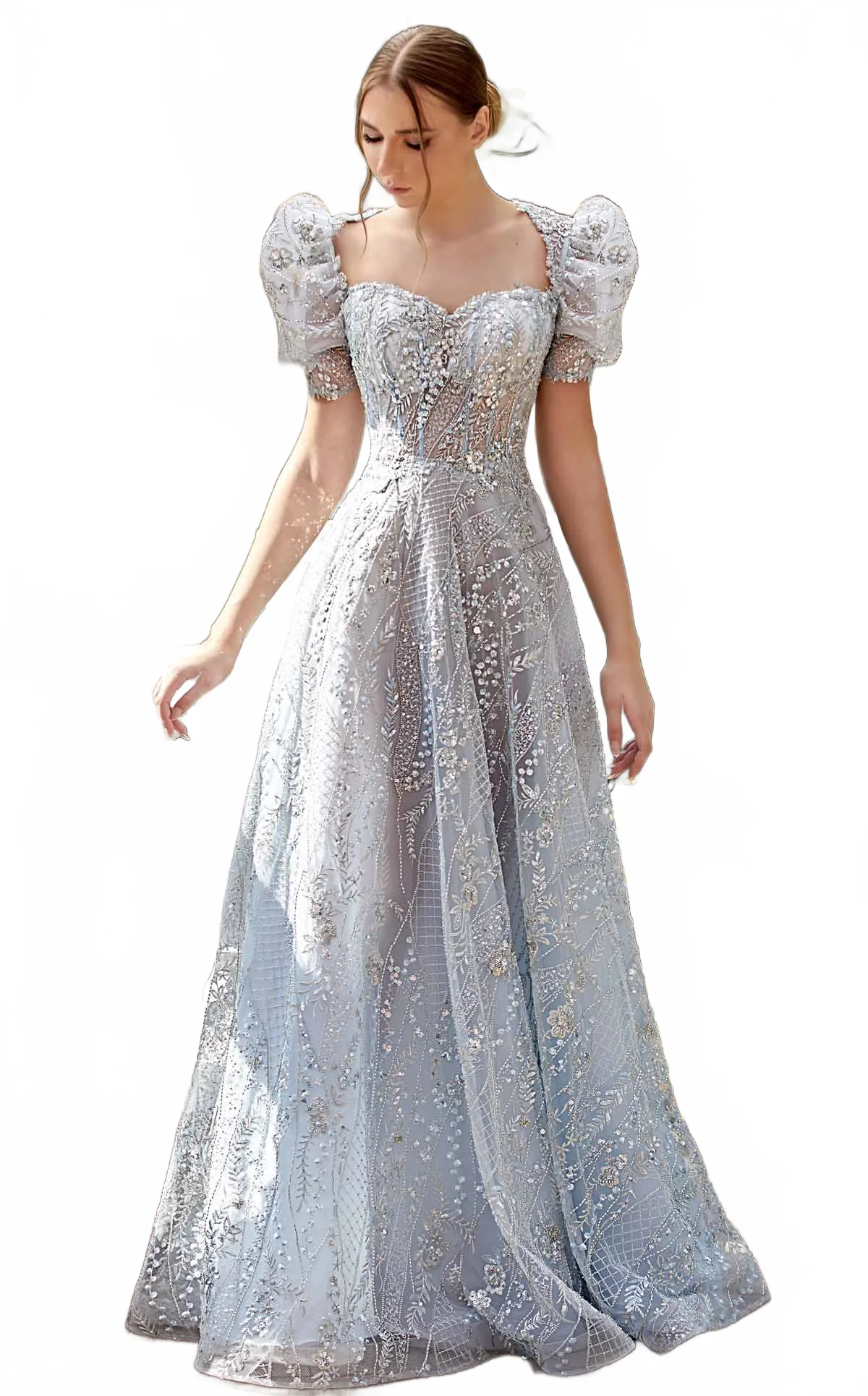 MNM Couture K3921 Blue Embellished Gown with Sheer Puffy Sleeves - Image 3