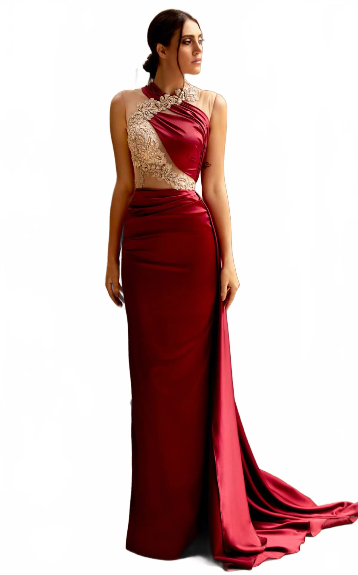 MNM Couture K3946 Burgundy Satin One-Shoulder Evening Dress - Image 4