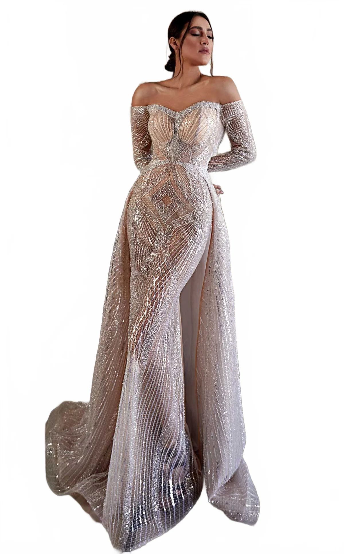 MNM Couture K3950 Beige Off-Shoulder Gown with Embellished Overskirt - Image 5