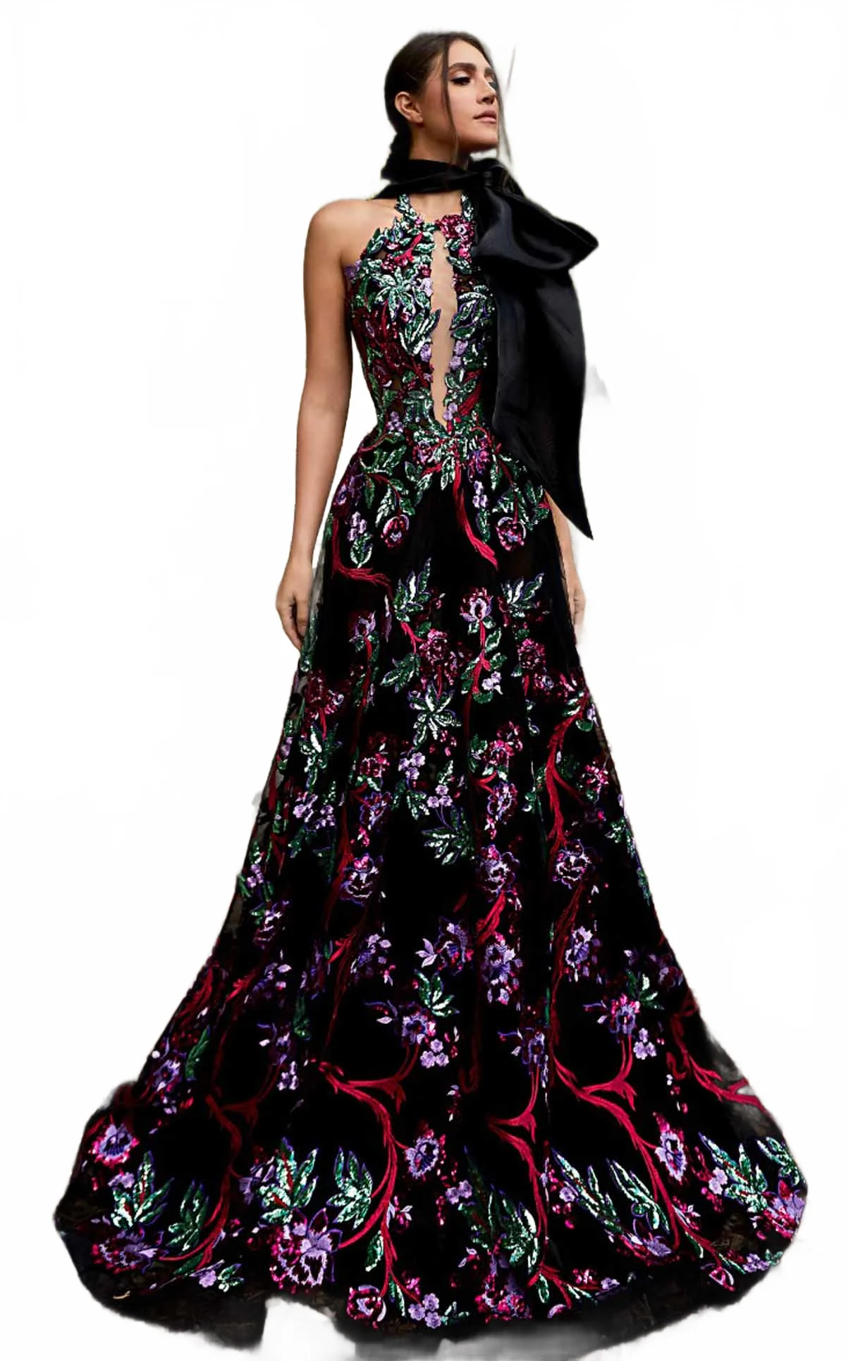 MNM Couture K3951 Black Floral Embroidered Halter Evening Gown - Image 5