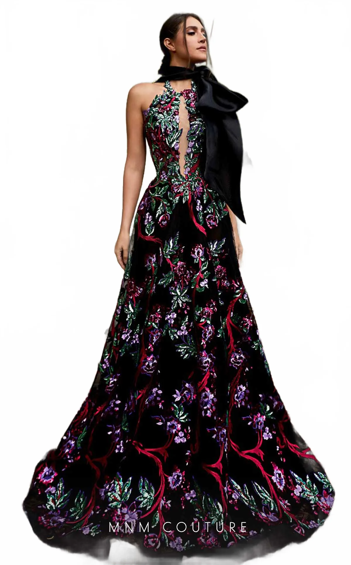 MNM Couture K3951 Black Floral Embroidered Halter Evening Gown - Image 5