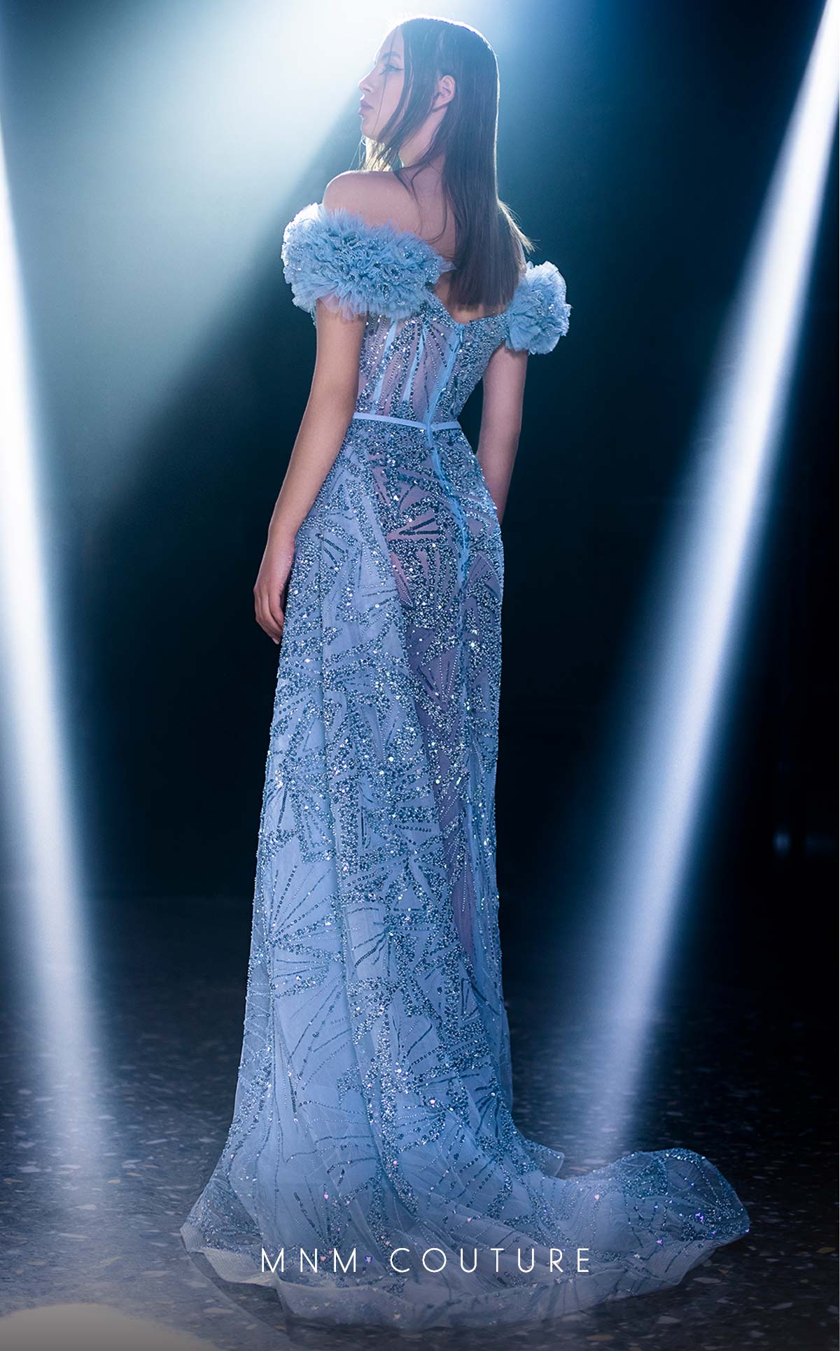 MNM Couture K3963 Blue Off-Shoulder Floral Sleeve Gown - Image 3
