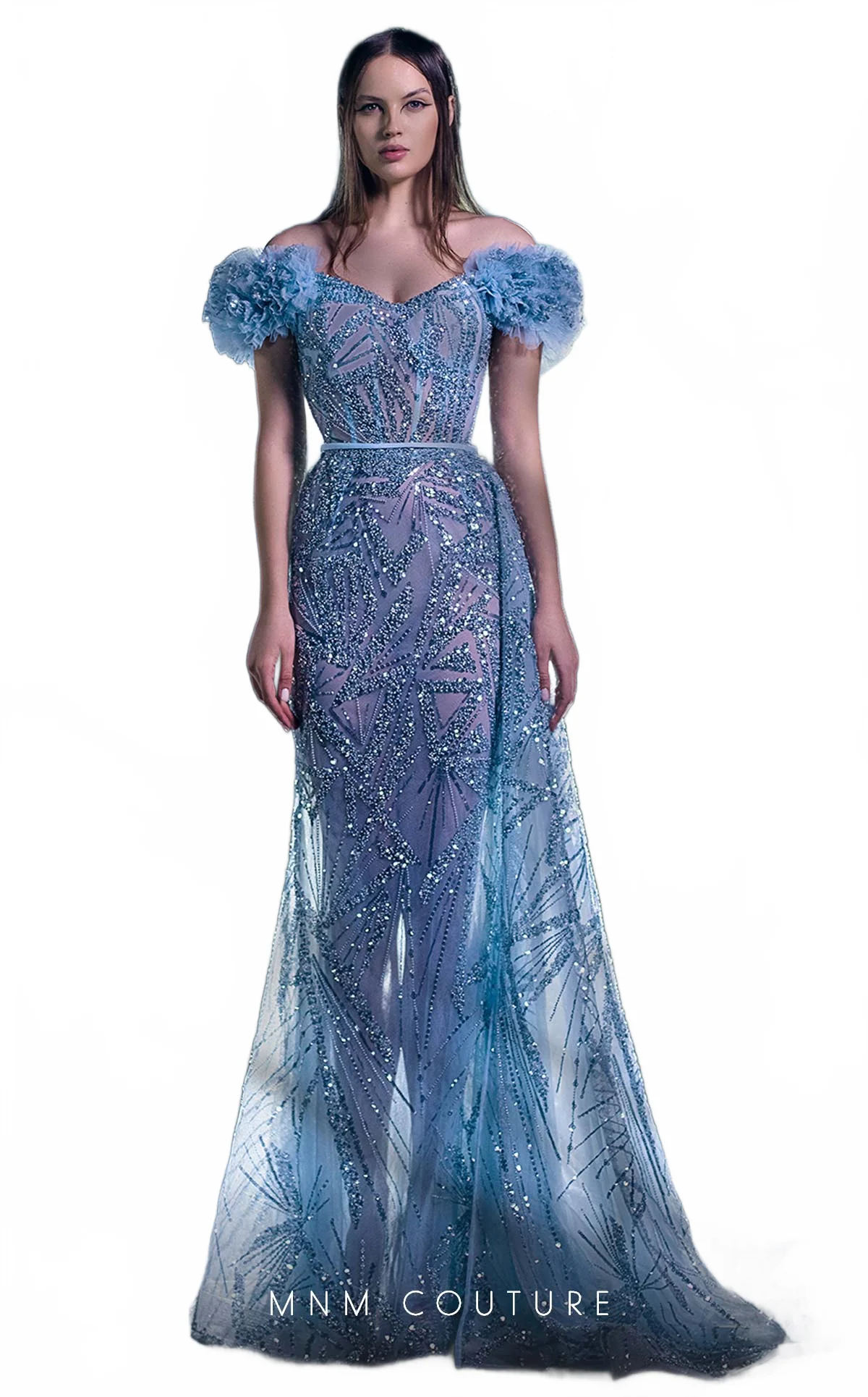 MNM Couture K3963 Blue Off-Shoulder Floral Sleeve Gown - Image 4