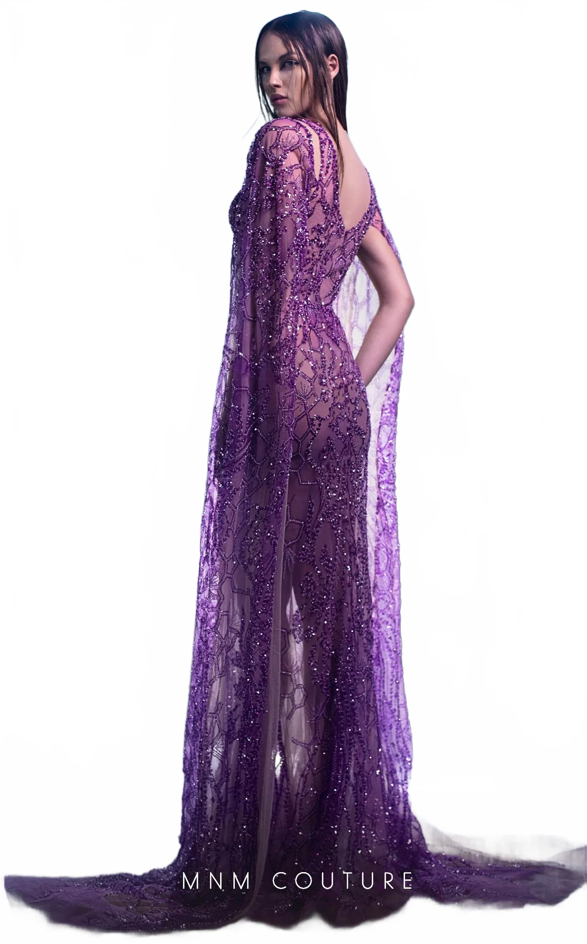 MNM Couture K3965 Sheer Beaded Cape Evening Gown in Purple - Image 3
