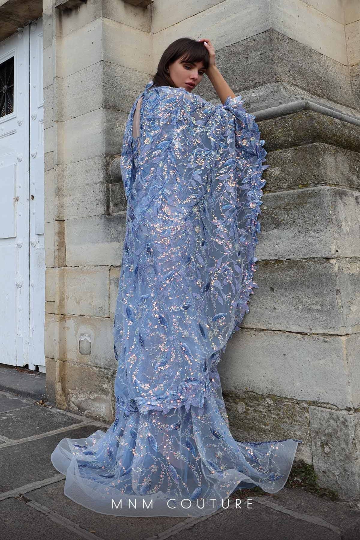 MNM Couture K4012 Blue Sheer Embellished Gown with Cape Sleeves - Image 4
